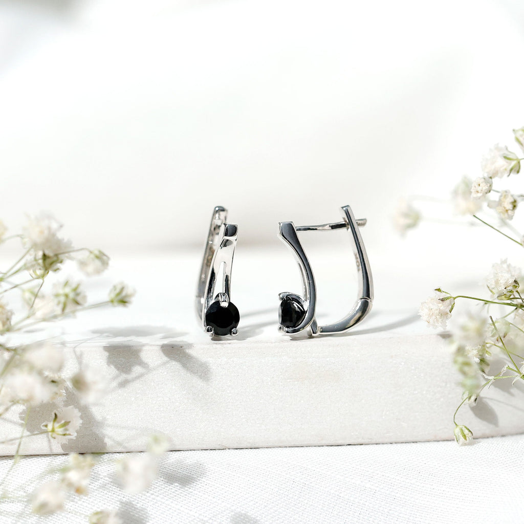 Natural Black Onyx J Hoop Earrings with Latch Back