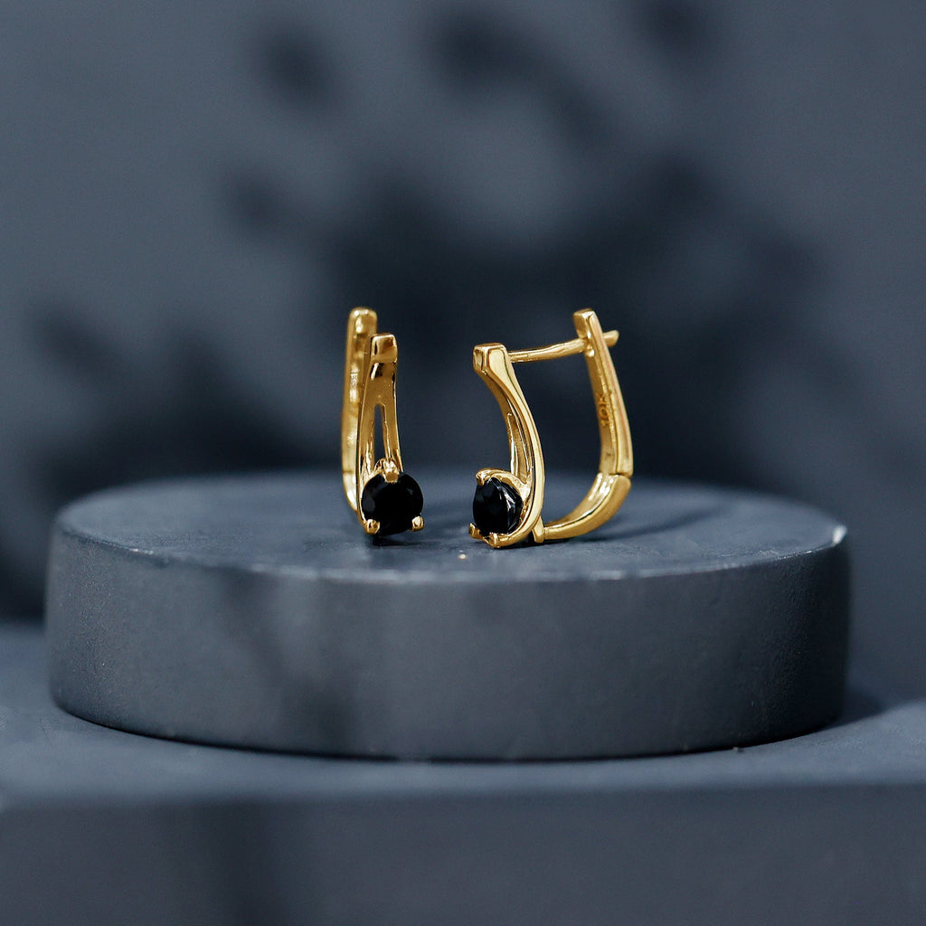 Natural Black Onyx J Hoop Earrings with Latch Back