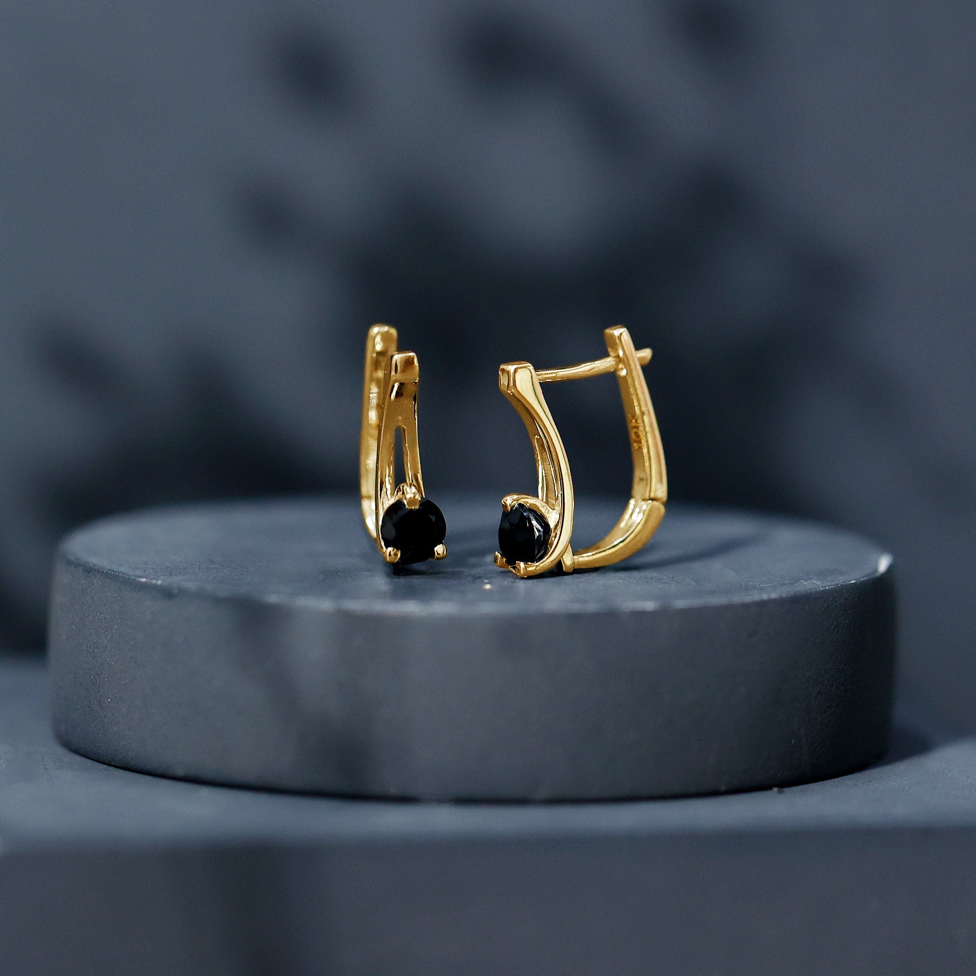 Natural Black Onyx J Hoop Earrings with Latch Back