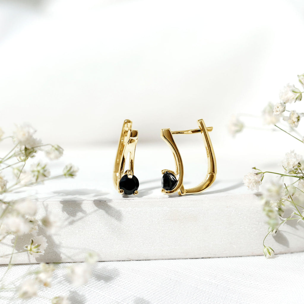Natural Black Onyx J Hoop Earrings with Latch Back