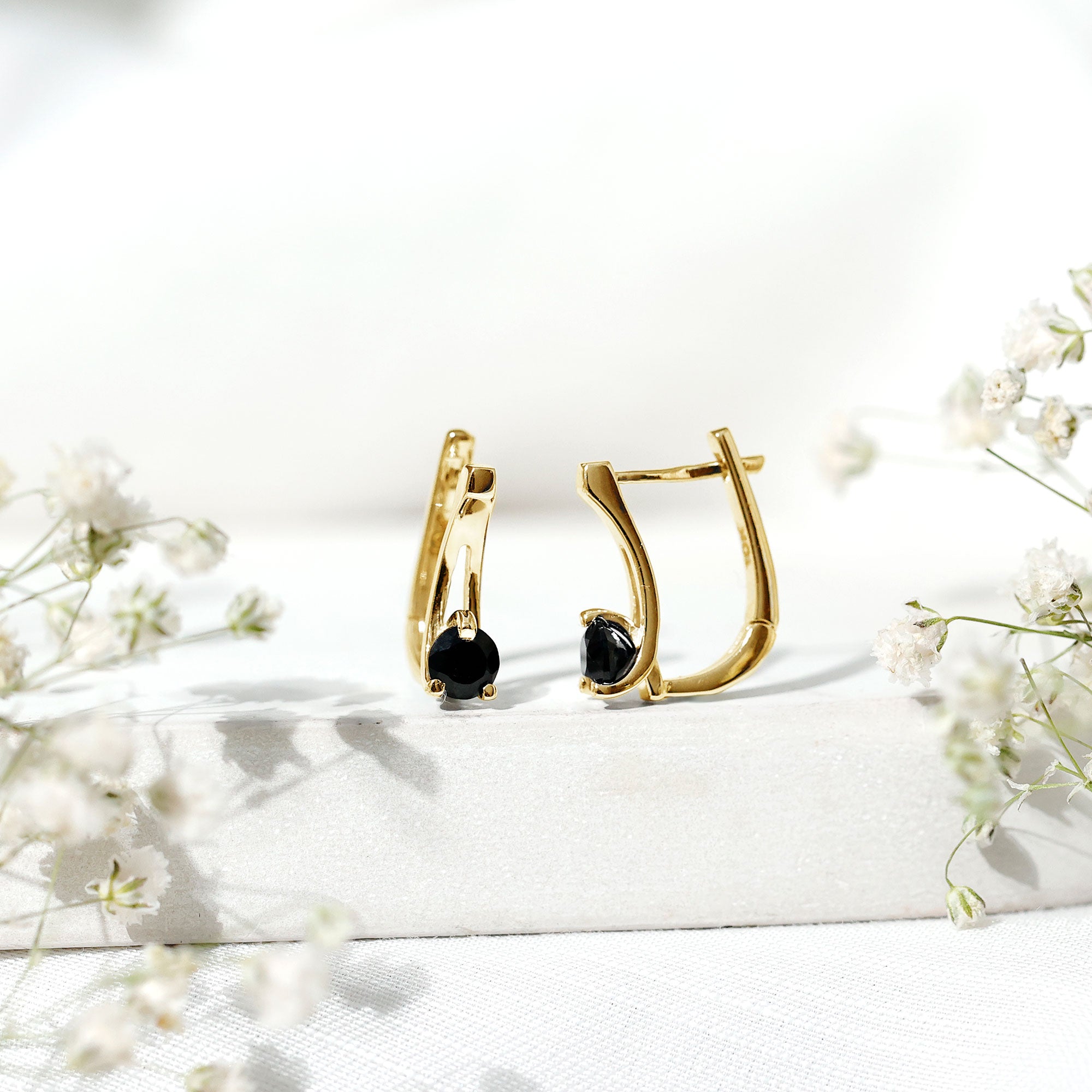 Natural Black Onyx J Hoop Earrings with Latch Back