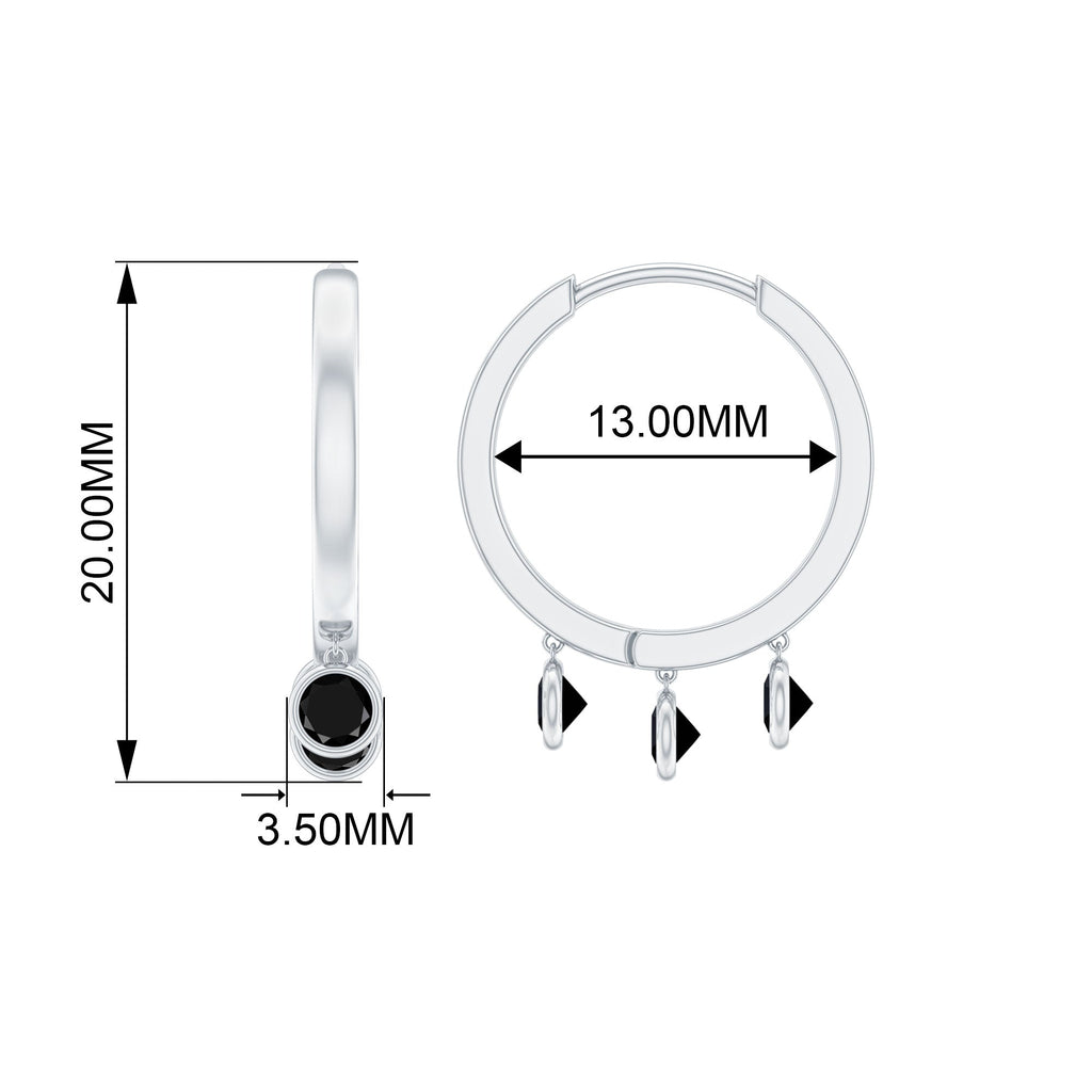 Three Stone Created Black Diamond Hoop Drop Earrings in Bezel Setting