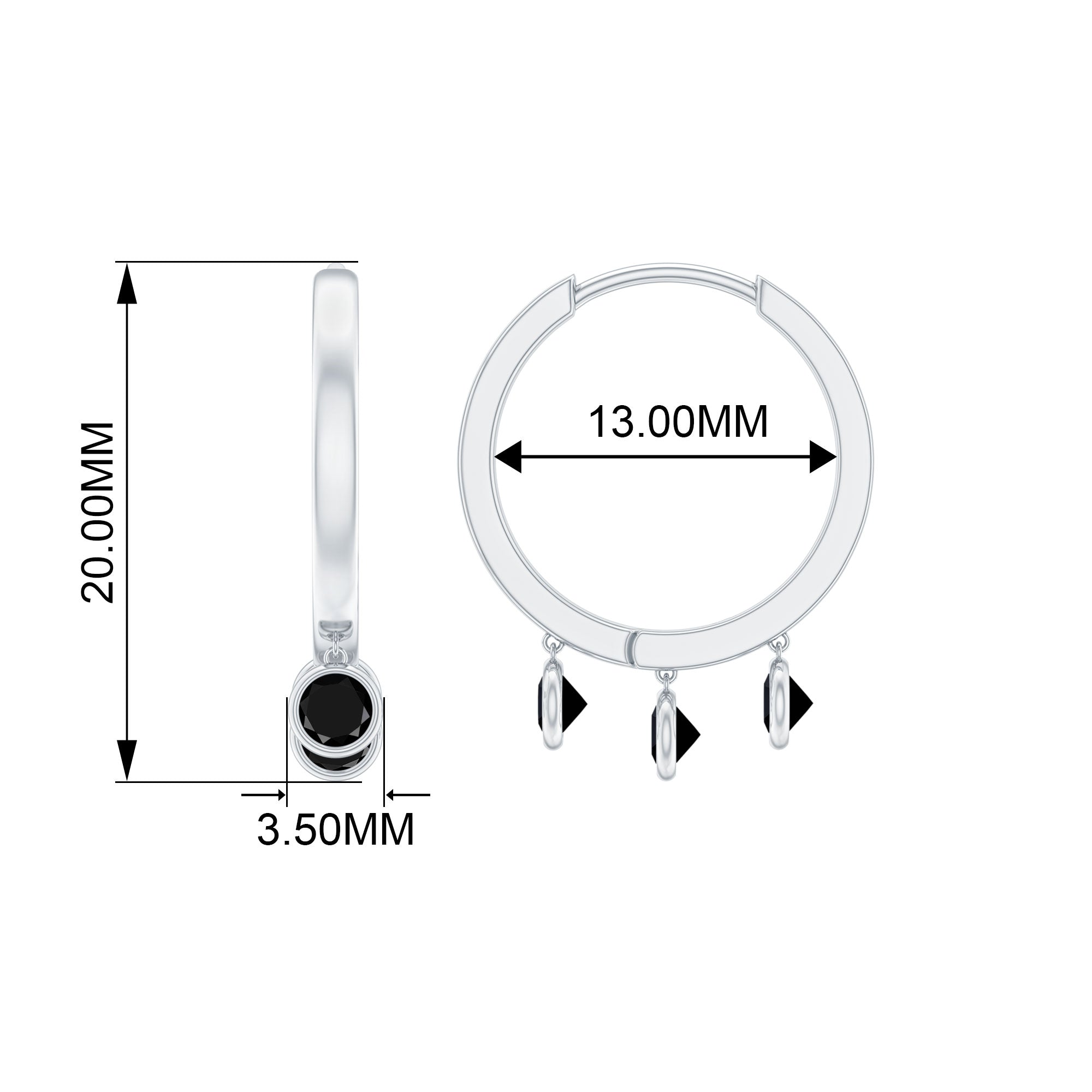 Three Stone Created Black Diamond Hoop Drop Earrings in Bezel Setting