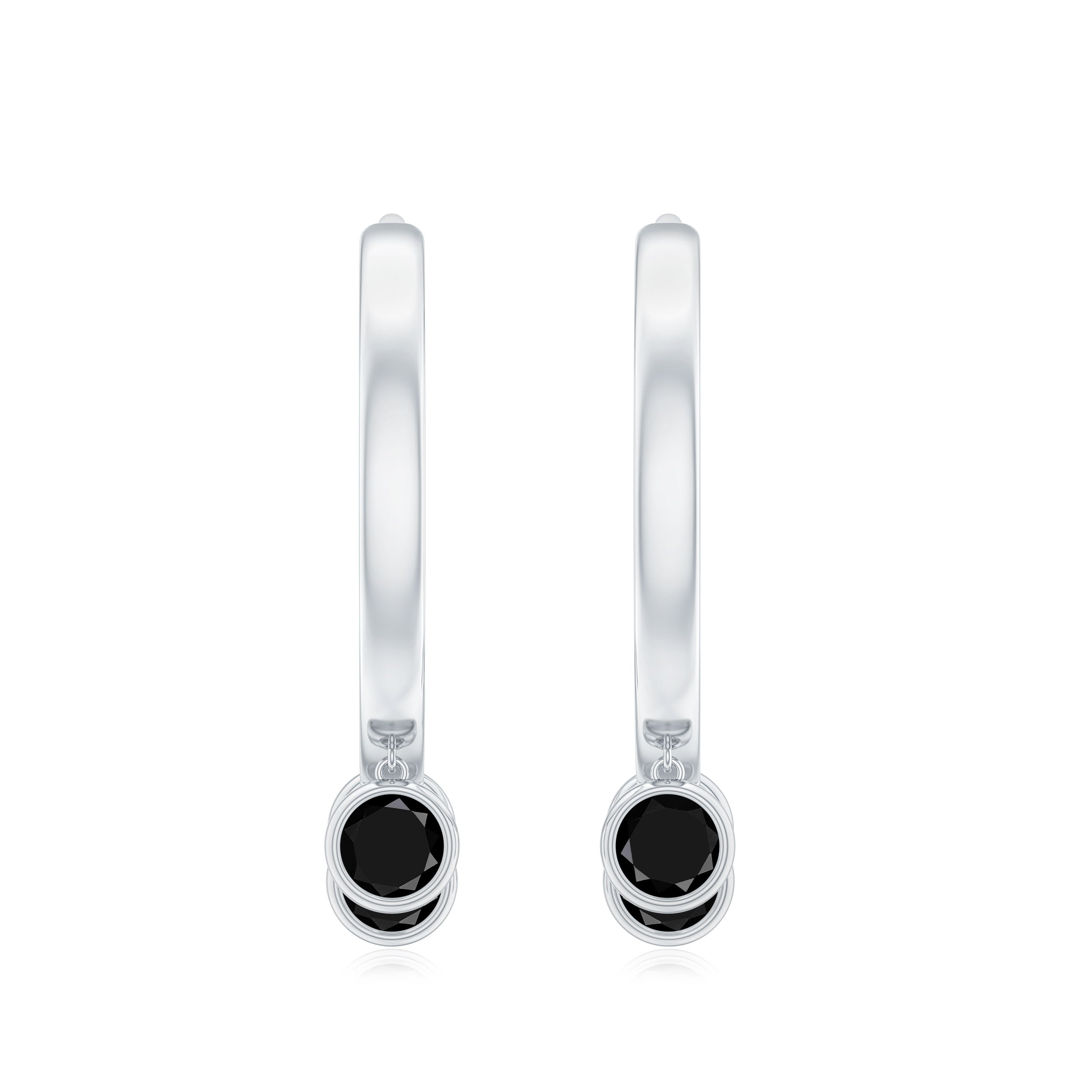 Three Stone Created Black Diamond Hoop Drop Earrings in Bezel Setting