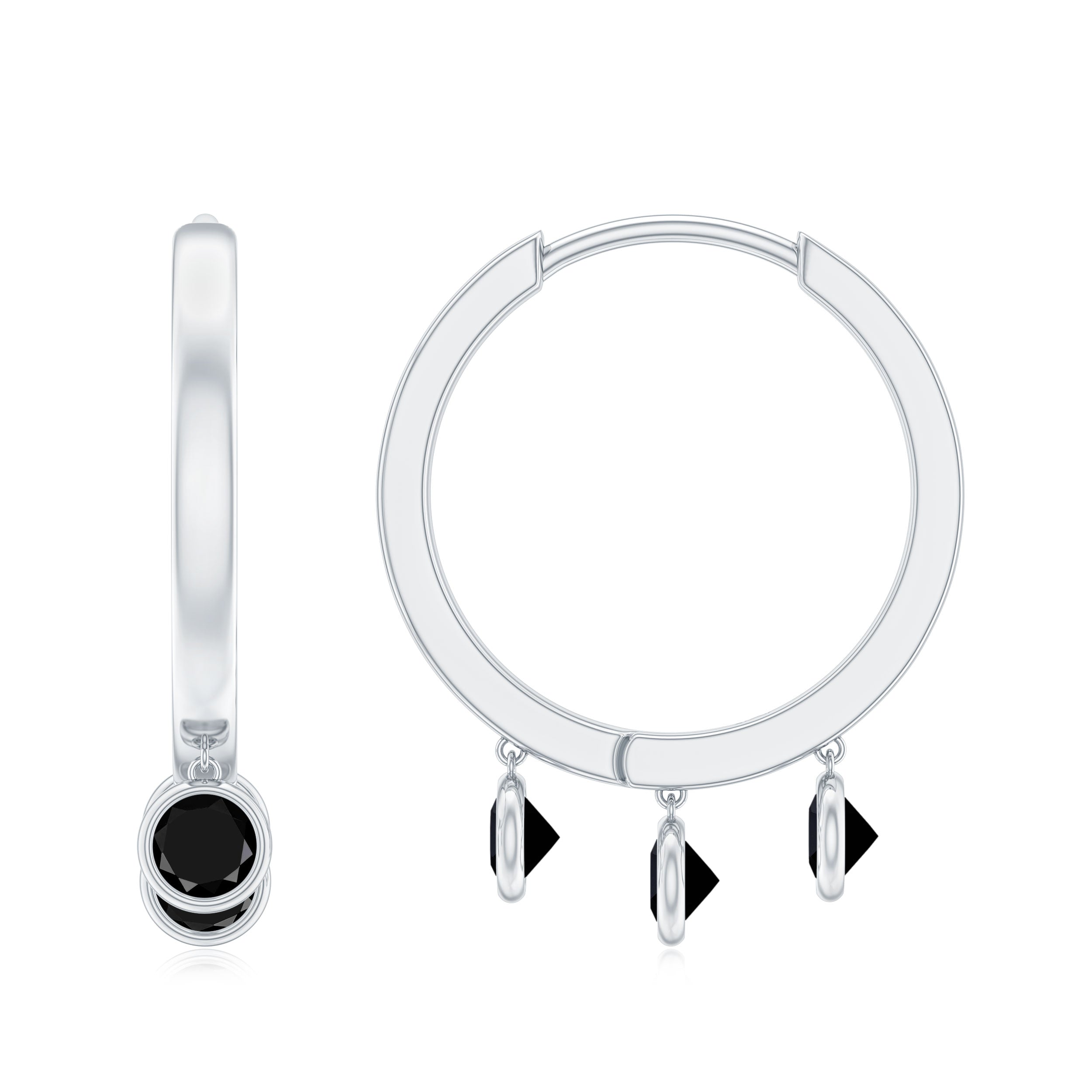 Three Stone Created Black Diamond Hoop Drop Earrings in Bezel Setting