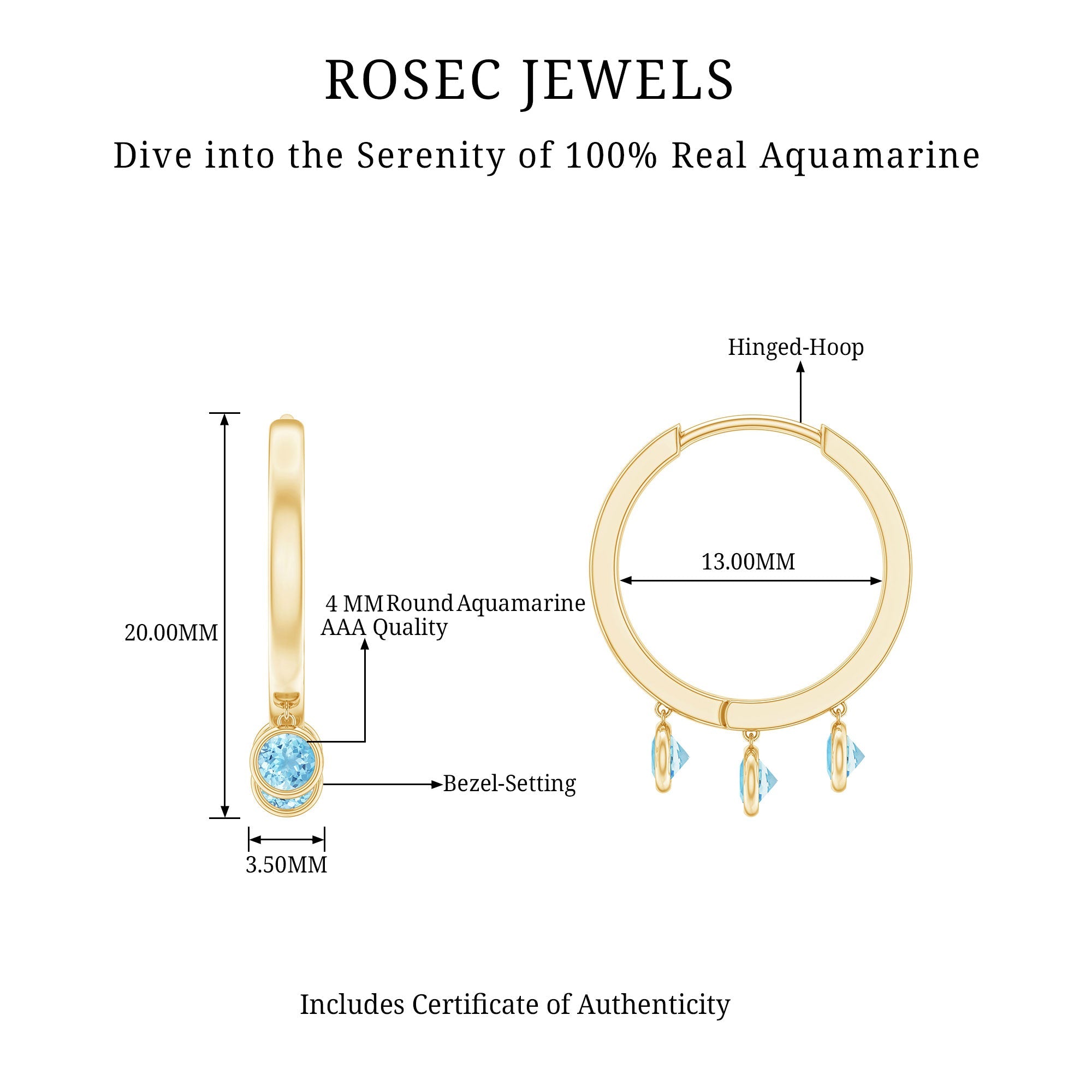 Genuine Aquamarine Hoop Earring in Bezel Setting