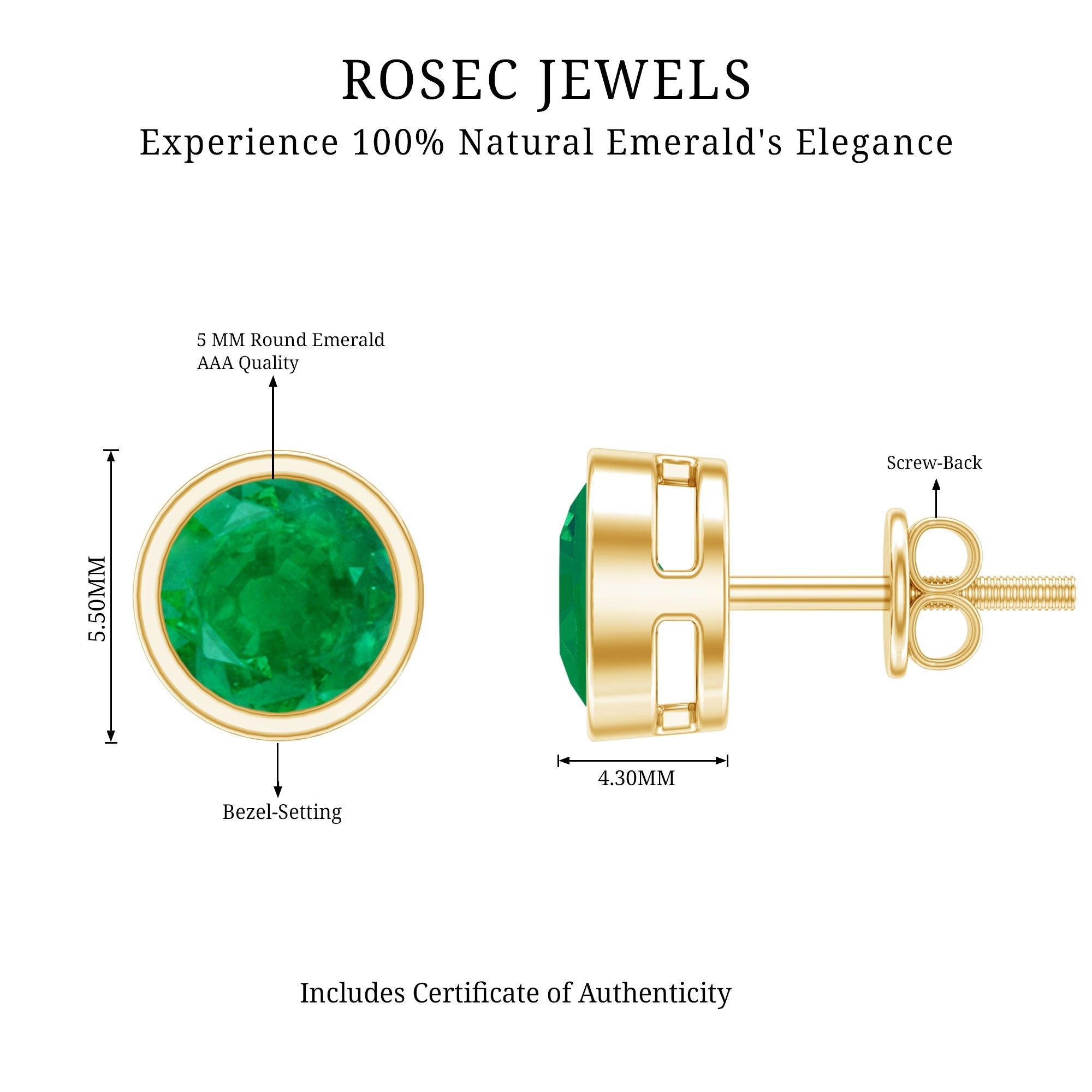 Bezel Set Round Emerald Solitaire Stud Earrings