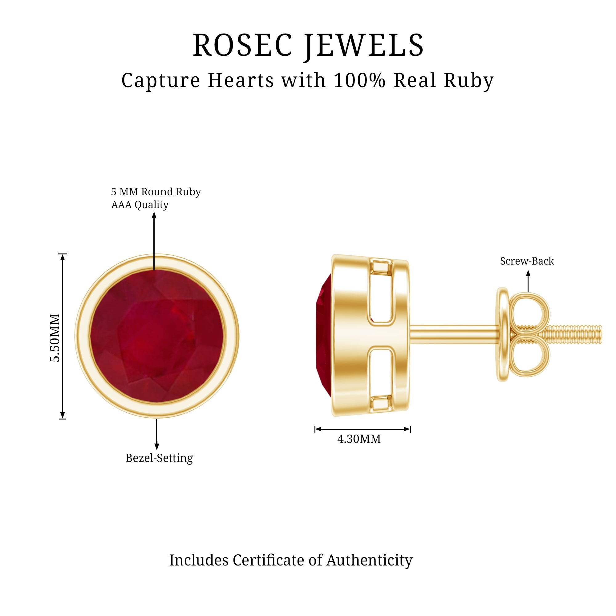 1.3 Carat Bezel Set Genuine Ruby Solitaire Stud Earrings