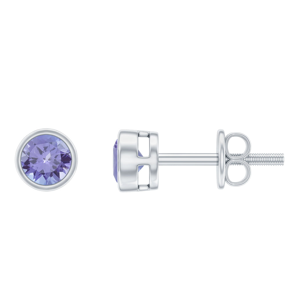 Natural 1 Carat Blue Tanzanite Solitaire Stud Earrings in Bezel Setting