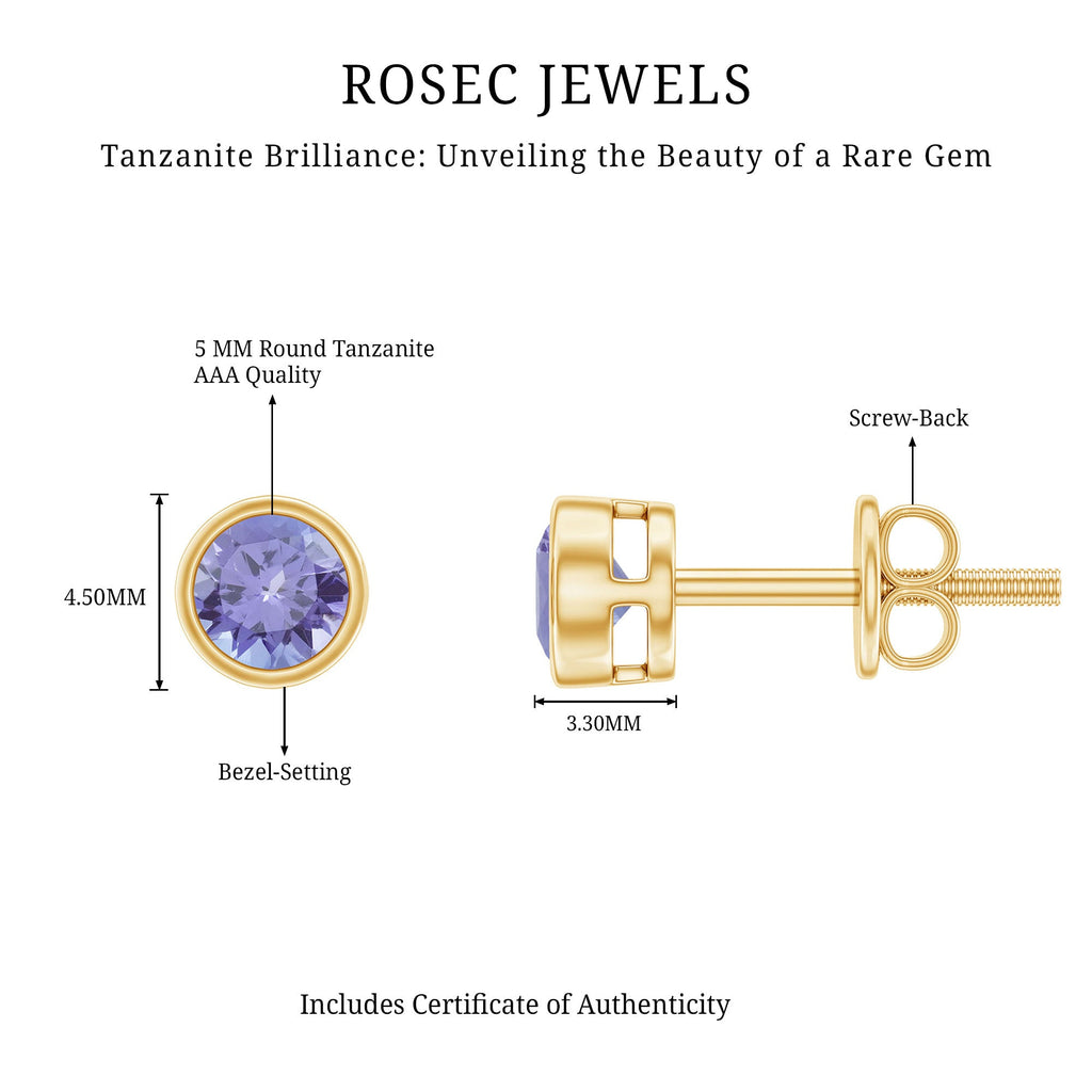 Natural 1 Carat Blue Tanzanite Solitaire Stud Earrings in Bezel Setting