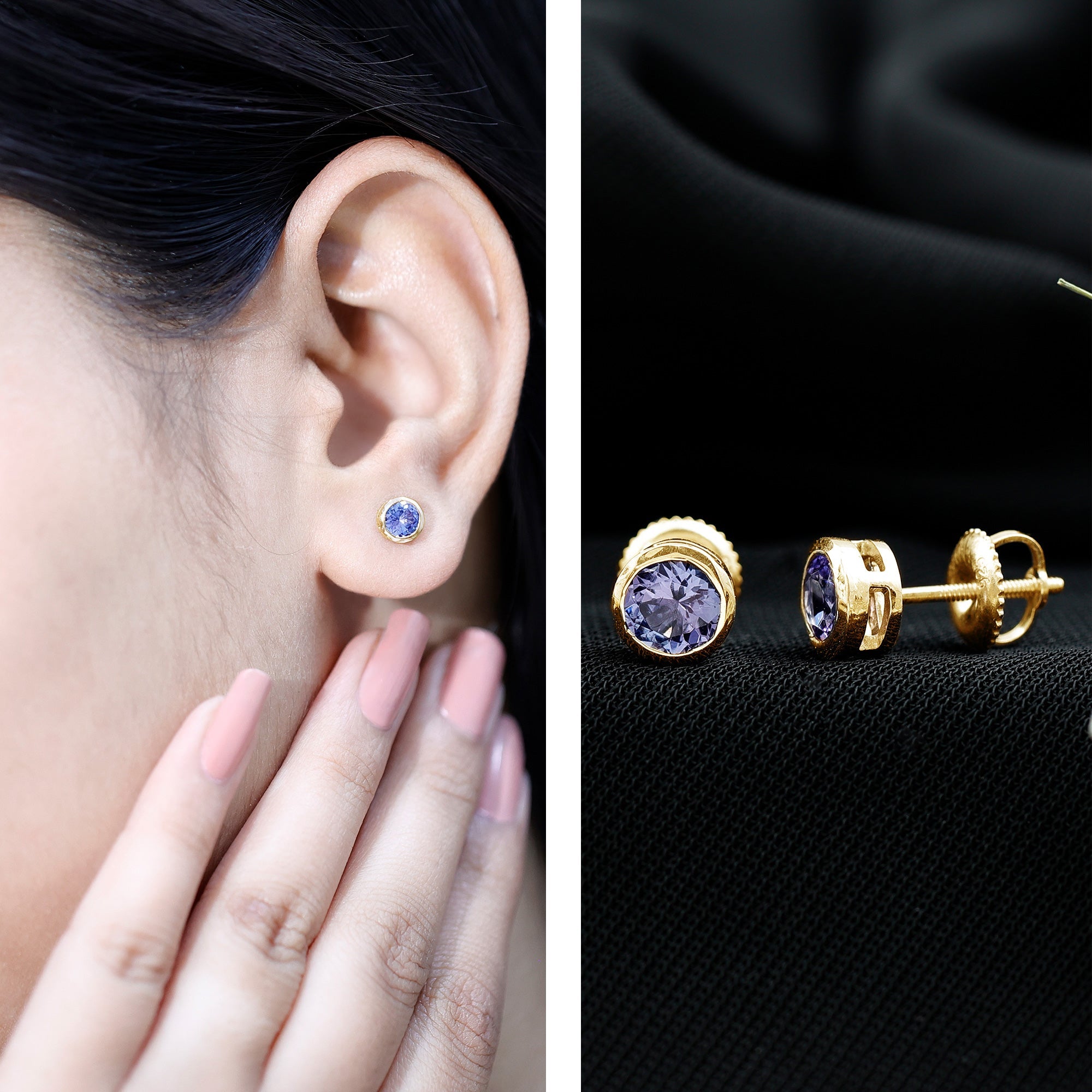 Natural 1 Carat Blue Tanzanite Solitaire Stud Earrings in Bezel Setting