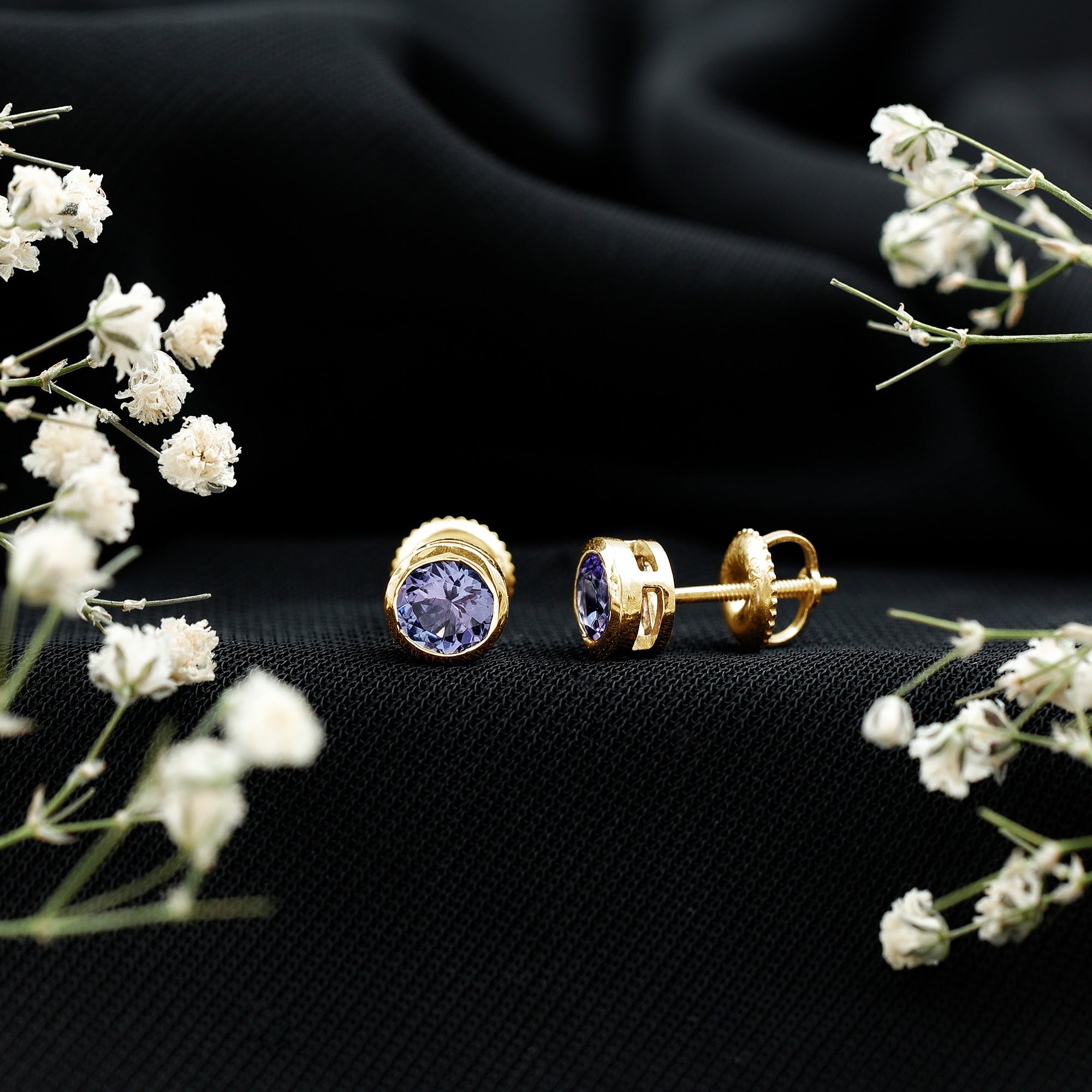 Natural 1 Carat Blue Tanzanite Solitaire Stud Earrings in Bezel Setting