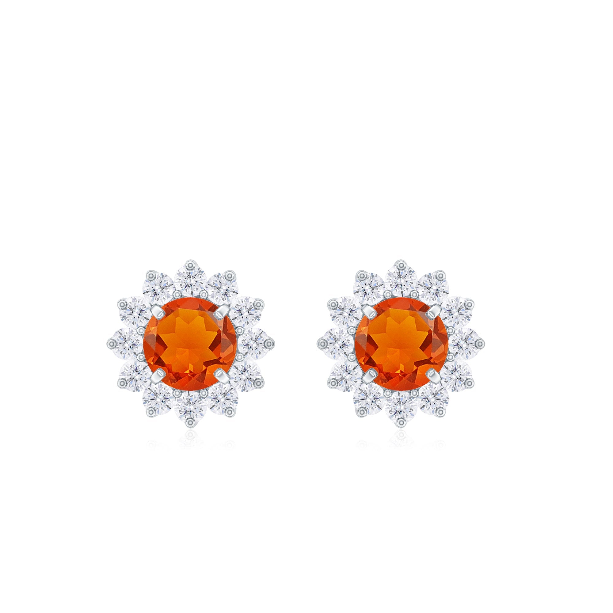 Round Fire Opal and Diamond Flower Halo Stud Earrings
