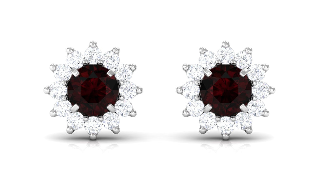 Natural Garnet and Diamond Flower Halo Stud Earrings