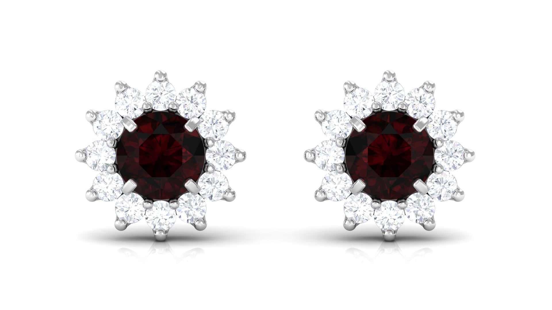 Natural Garnet and Diamond Flower Halo Stud Earrings