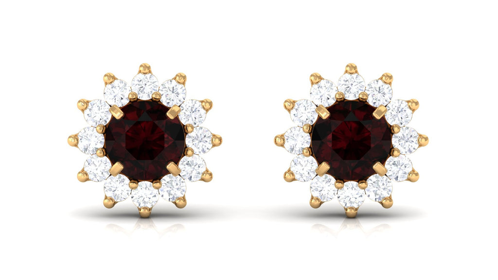 Natural Garnet and Diamond Flower Halo Stud Earrings