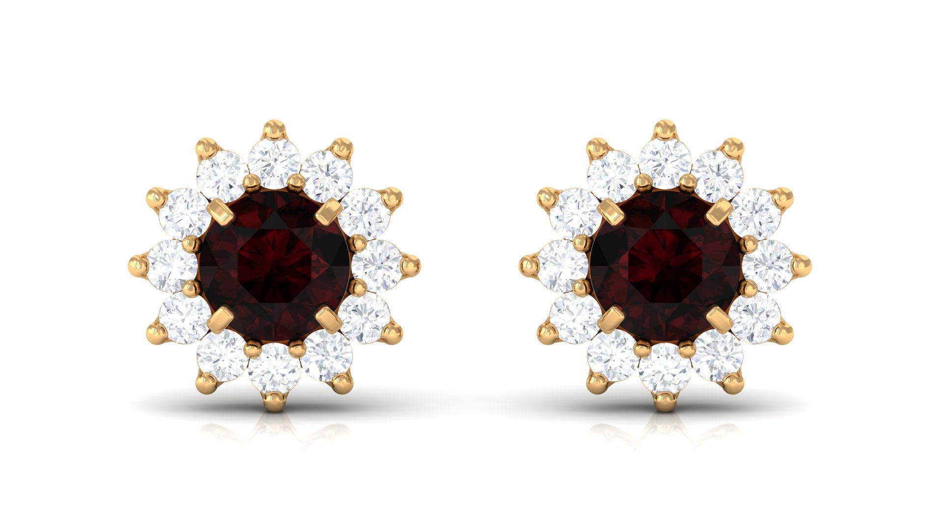 Natural Garnet and Diamond Flower Halo Stud Earrings