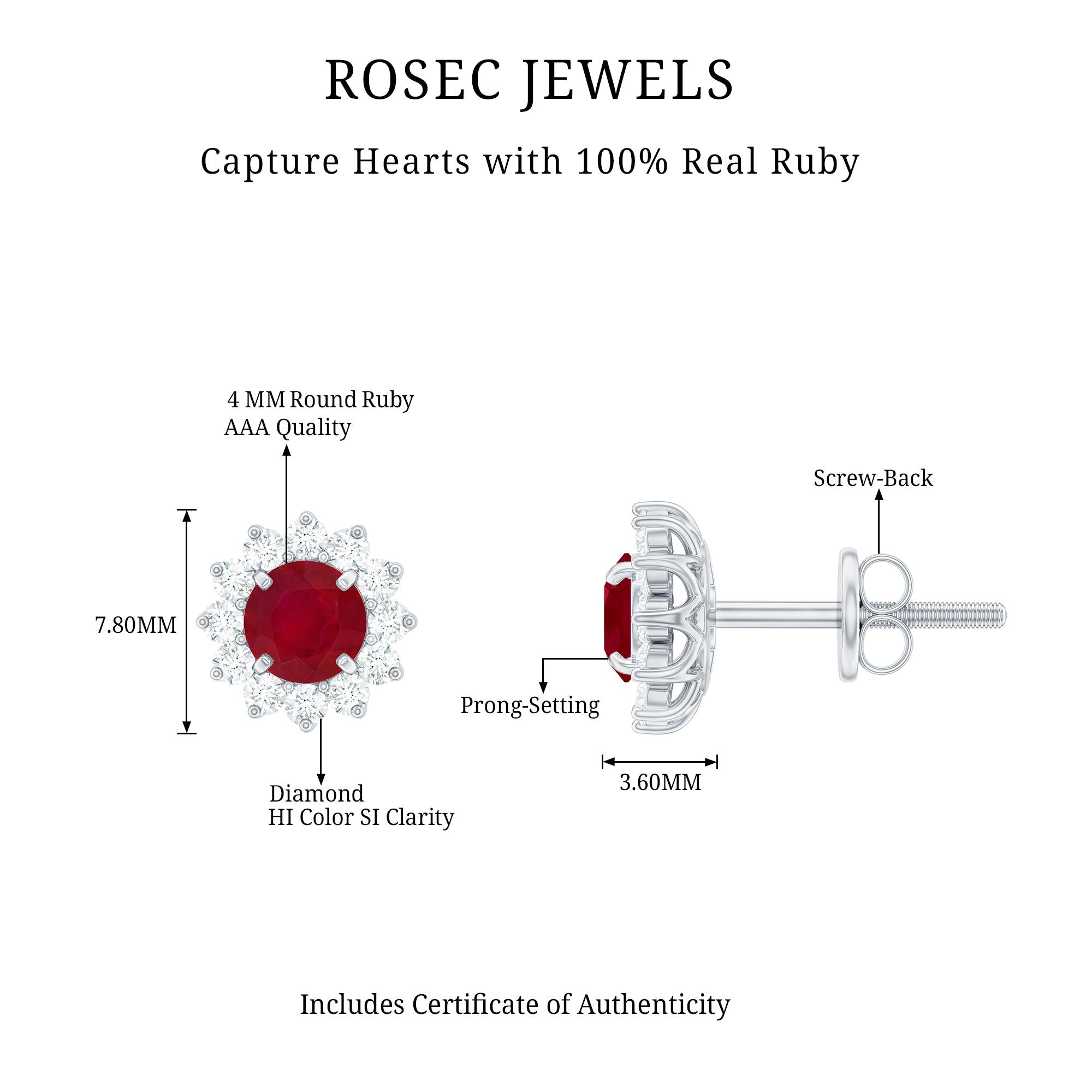 Natural 0.5 Ct Ruby Stud Earrings with Diamond Halo