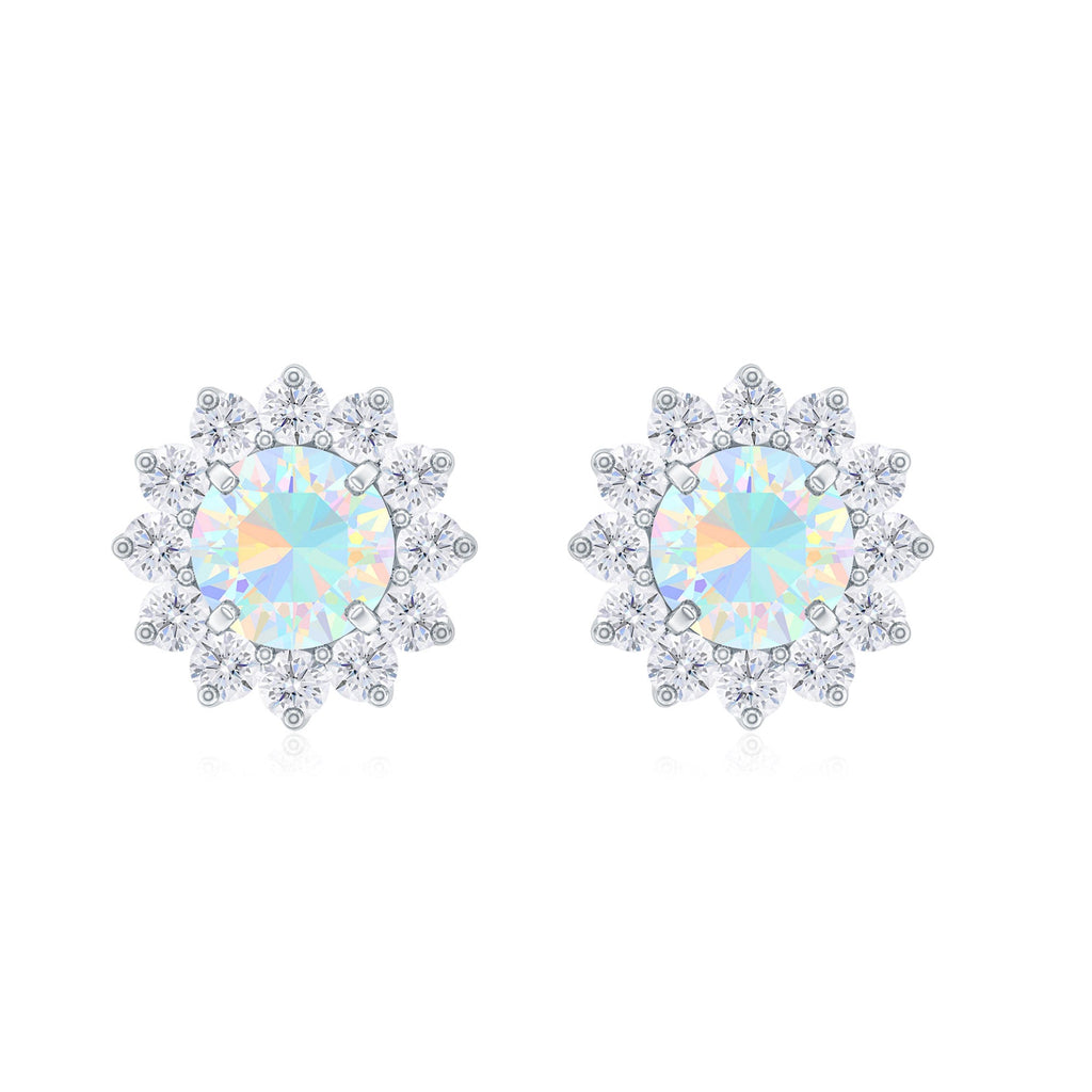 Real Ethiopian Opal Flower Stud Earrings with Diamond Halo