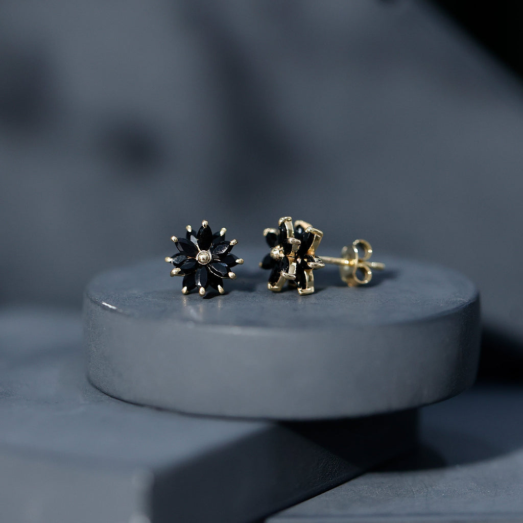 Marquise Shape Black Onyx Floral Statement Stud Earrings