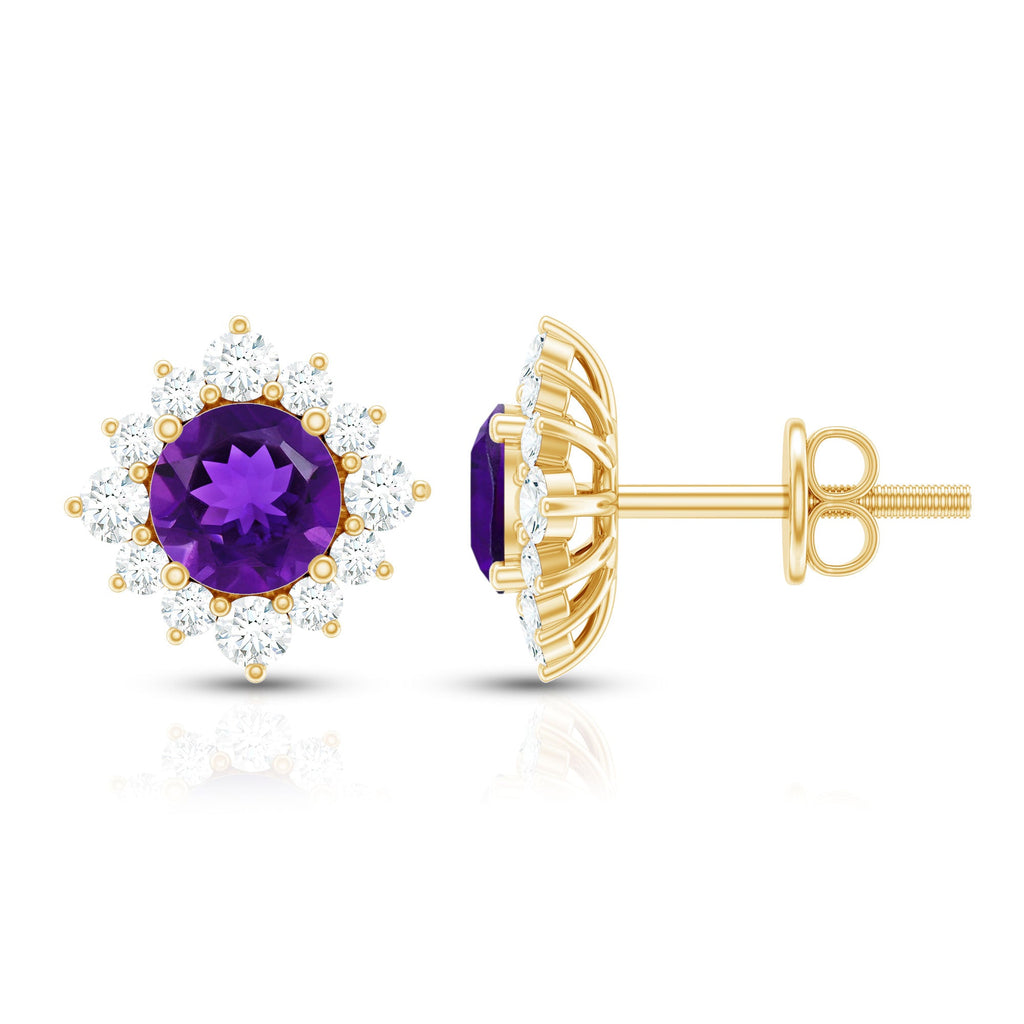 Genuine Amethyst Stud Earrings with Diamond Halo