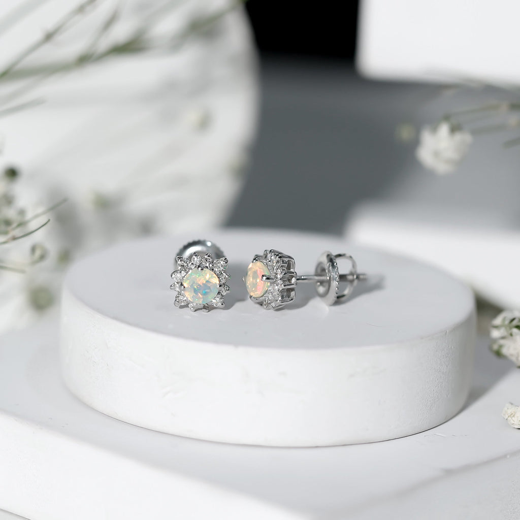 Classic Ethiopian Opal Stud Earrings with Diamond Halo