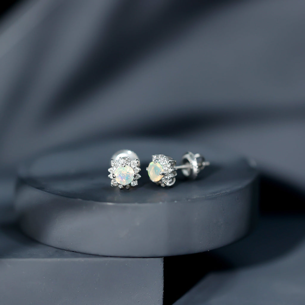 Classic Ethiopian Opal Stud Earrings with Diamond Halo