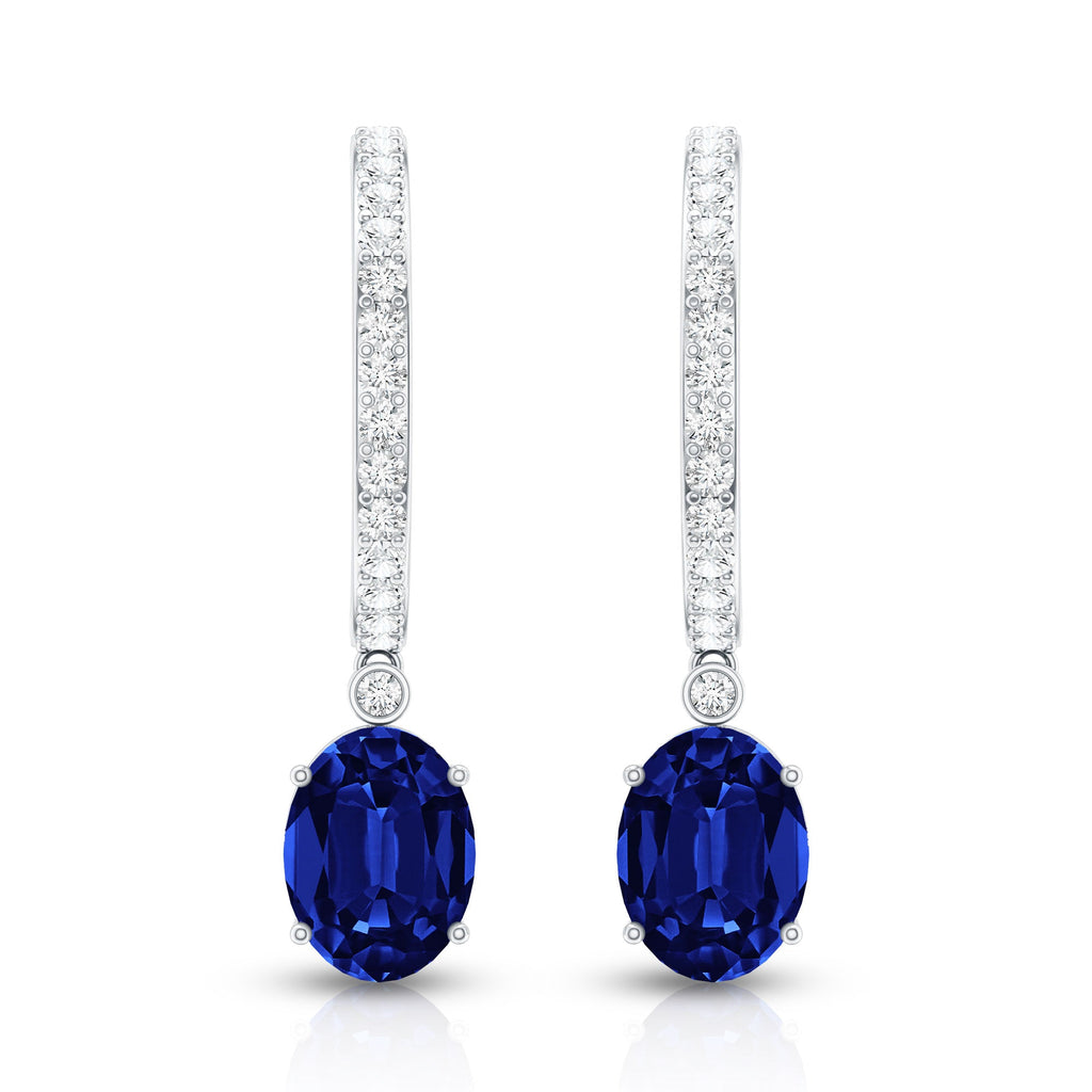 Oval Lab Created Blue Sapphire and Moissanite Hoop Drop Earrings