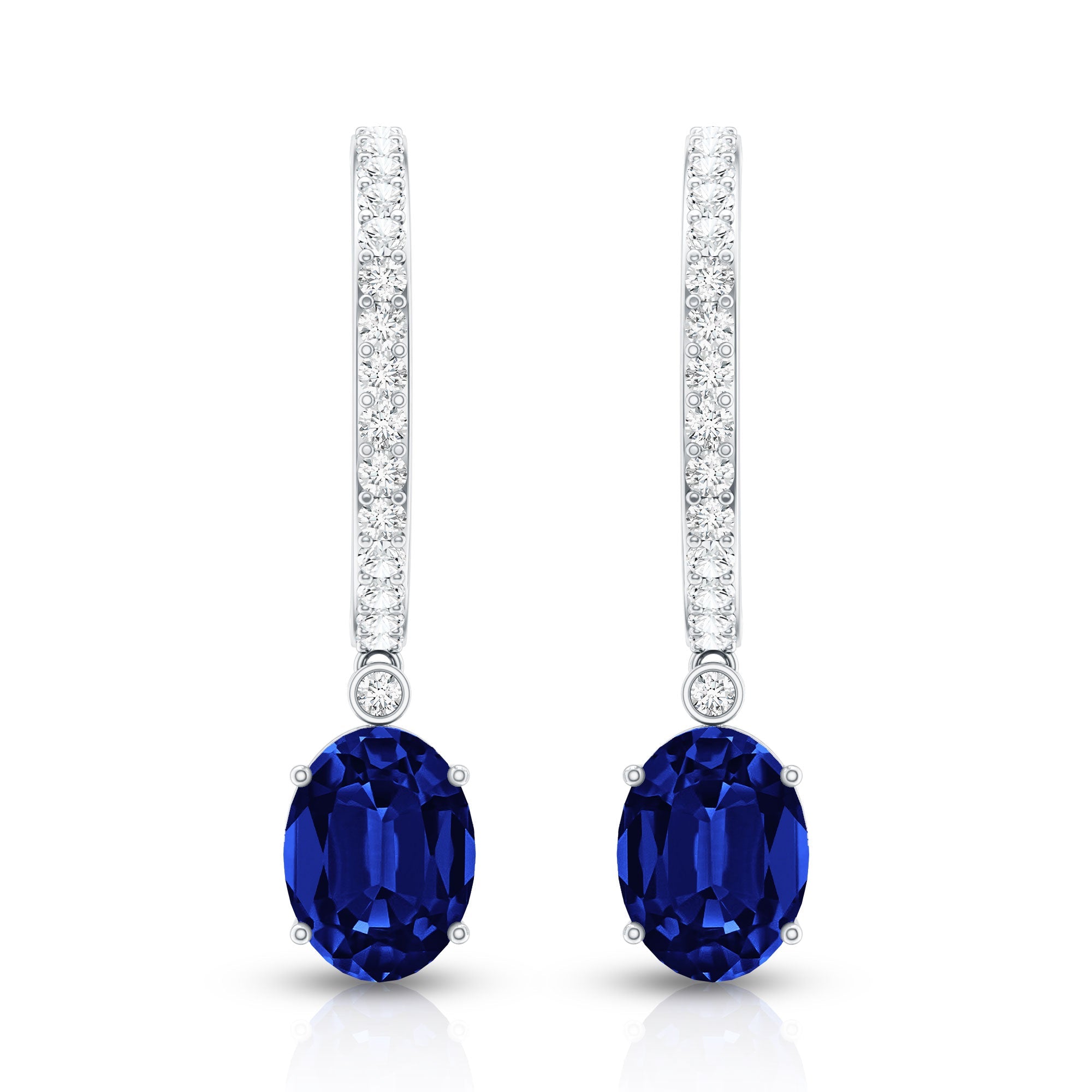 Oval Lab Created Blue Sapphire and Moissanite Hoop Drop Earrings