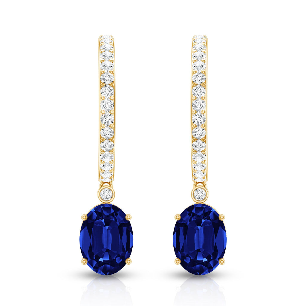 Oval Lab Created Blue Sapphire and Moissanite Hoop Drop Earrings