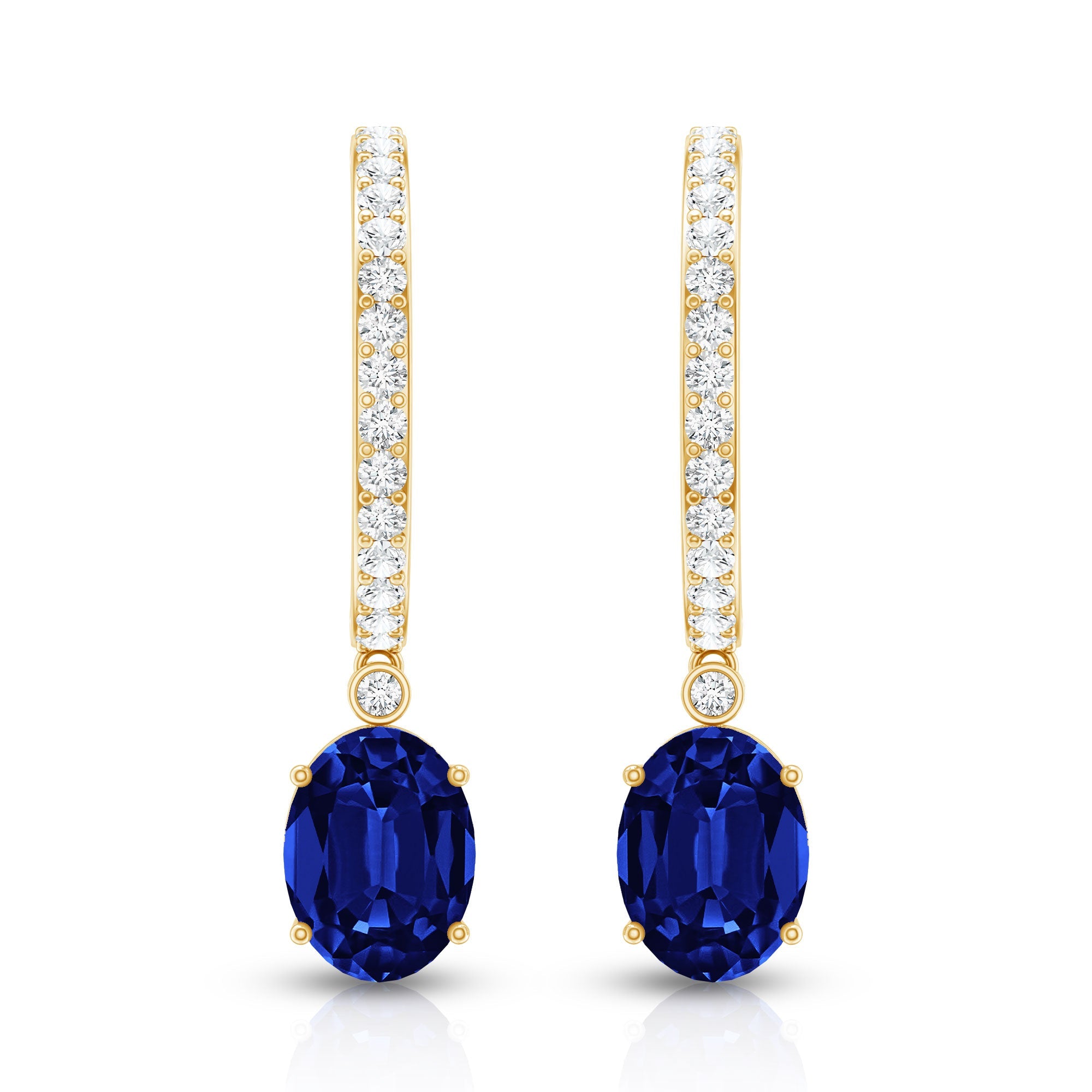 Oval Lab Created Blue Sapphire and Moissanite Hoop Drop Earrings
