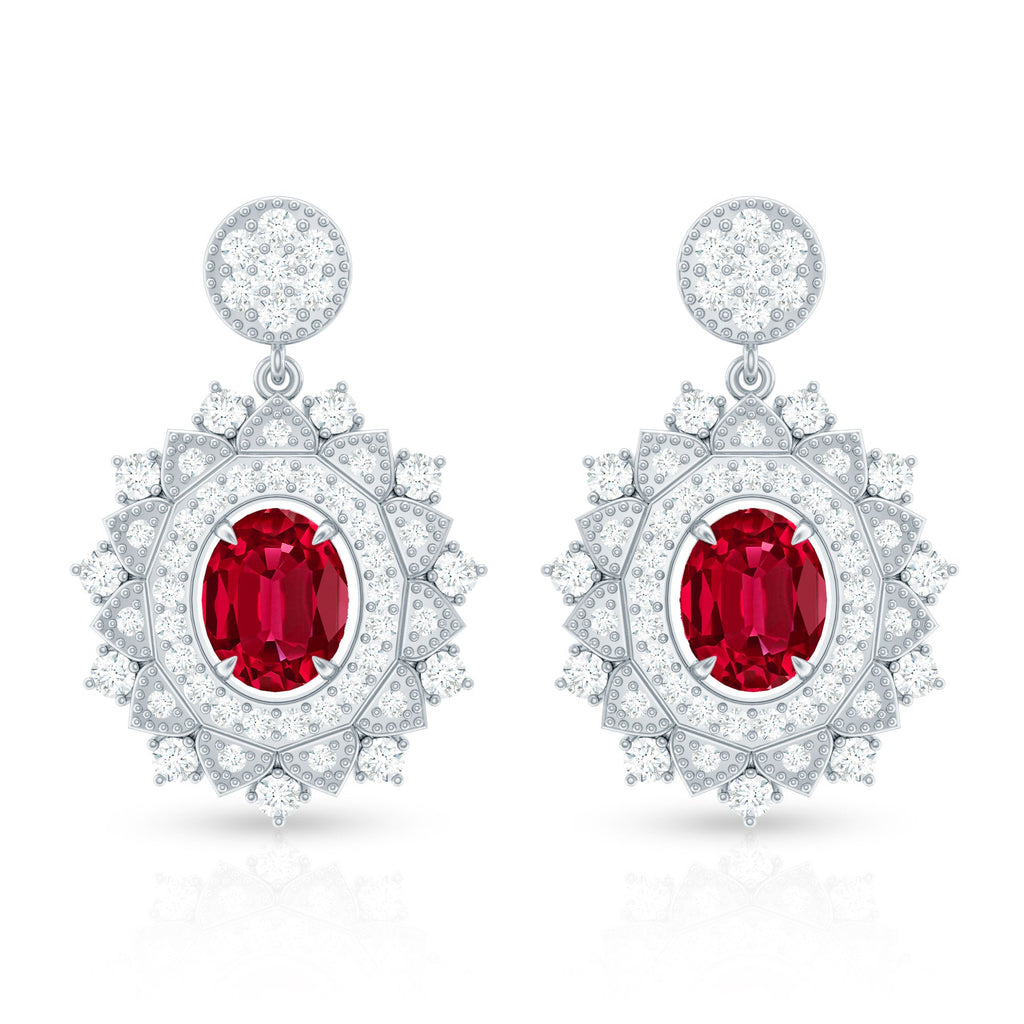Vintage Lab Created Ruby Bridal Drop Earrings with Diamonds