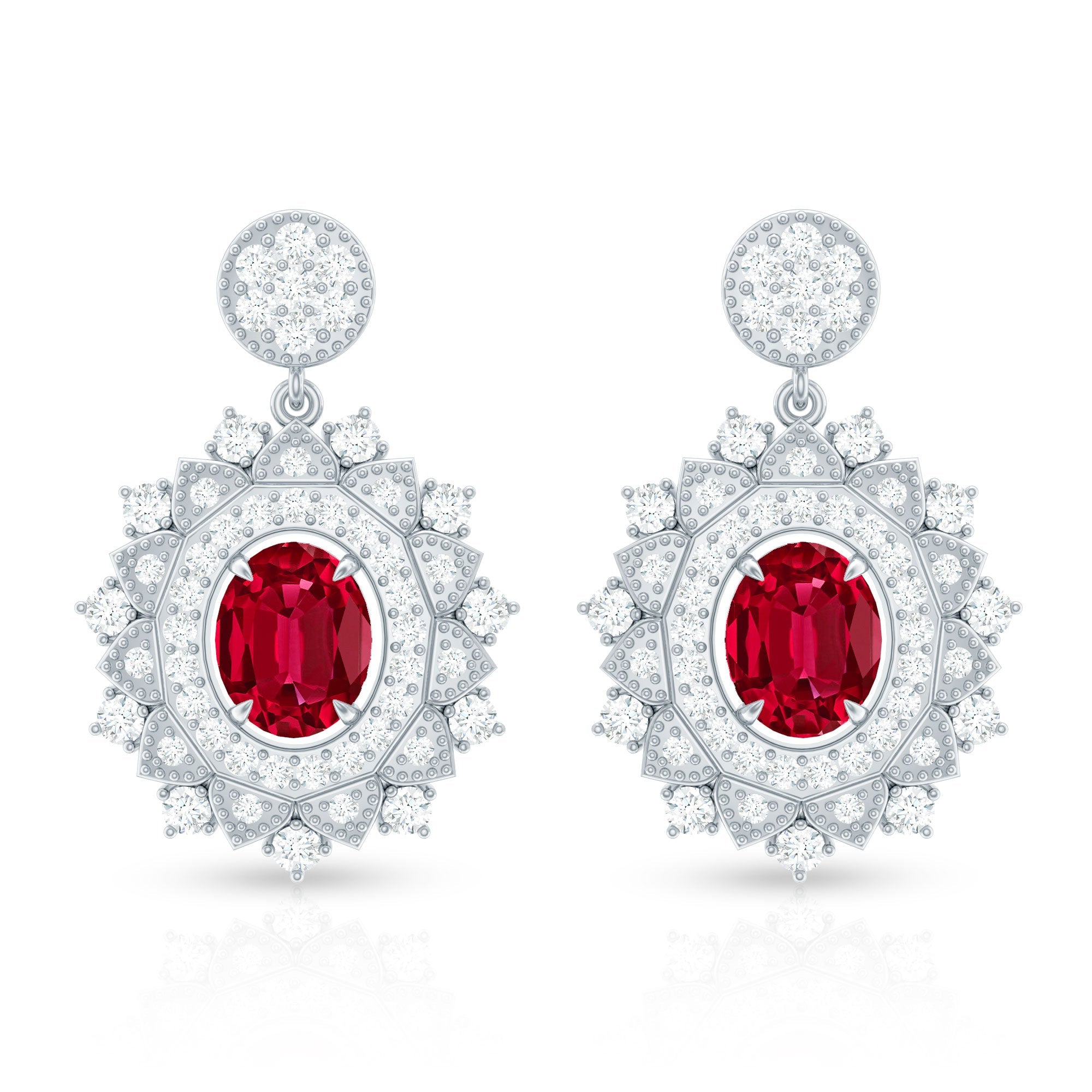 Vintage Lab Created Ruby Bridal Drop Earrings with Diamonds