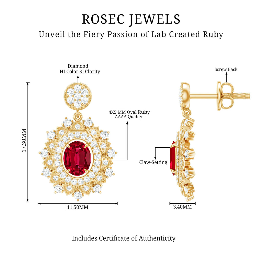 Vintage Lab Created Ruby Bridal Drop Earrings with Diamonds