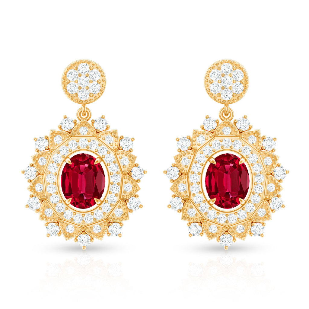 Vintage Lab Created Ruby Bridal Drop Earrings with Diamonds