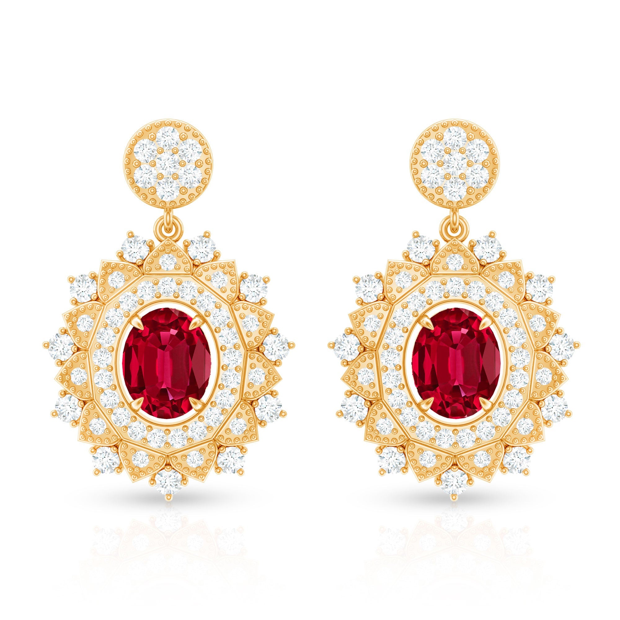 Vintage Lab Created Ruby Bridal Drop Earrings with Diamonds