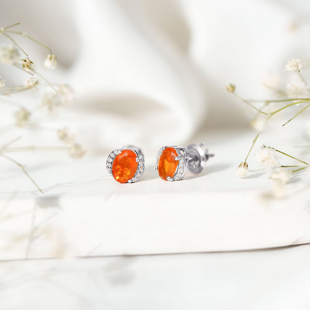 Orange Fire Opal Solitaire Stud Earrings with Diamond