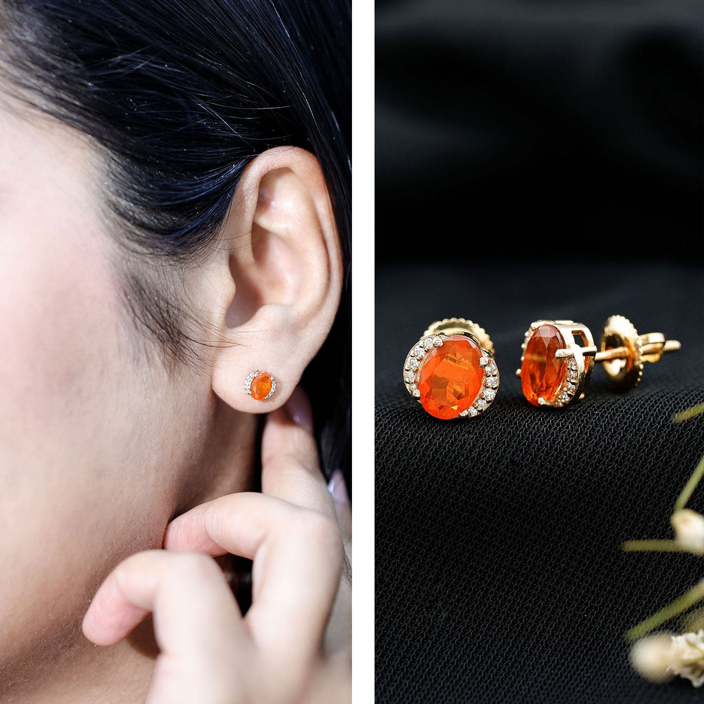 Orange Fire Opal Solitaire Stud Earrings with Diamond