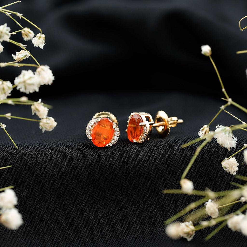 Orange Fire Opal Solitaire Stud Earrings with Diamond