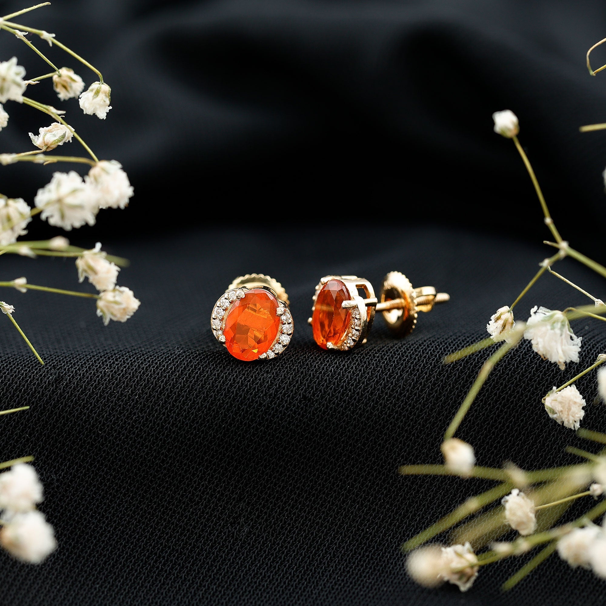 Orange Fire Opal Solitaire Stud Earrings with Diamond