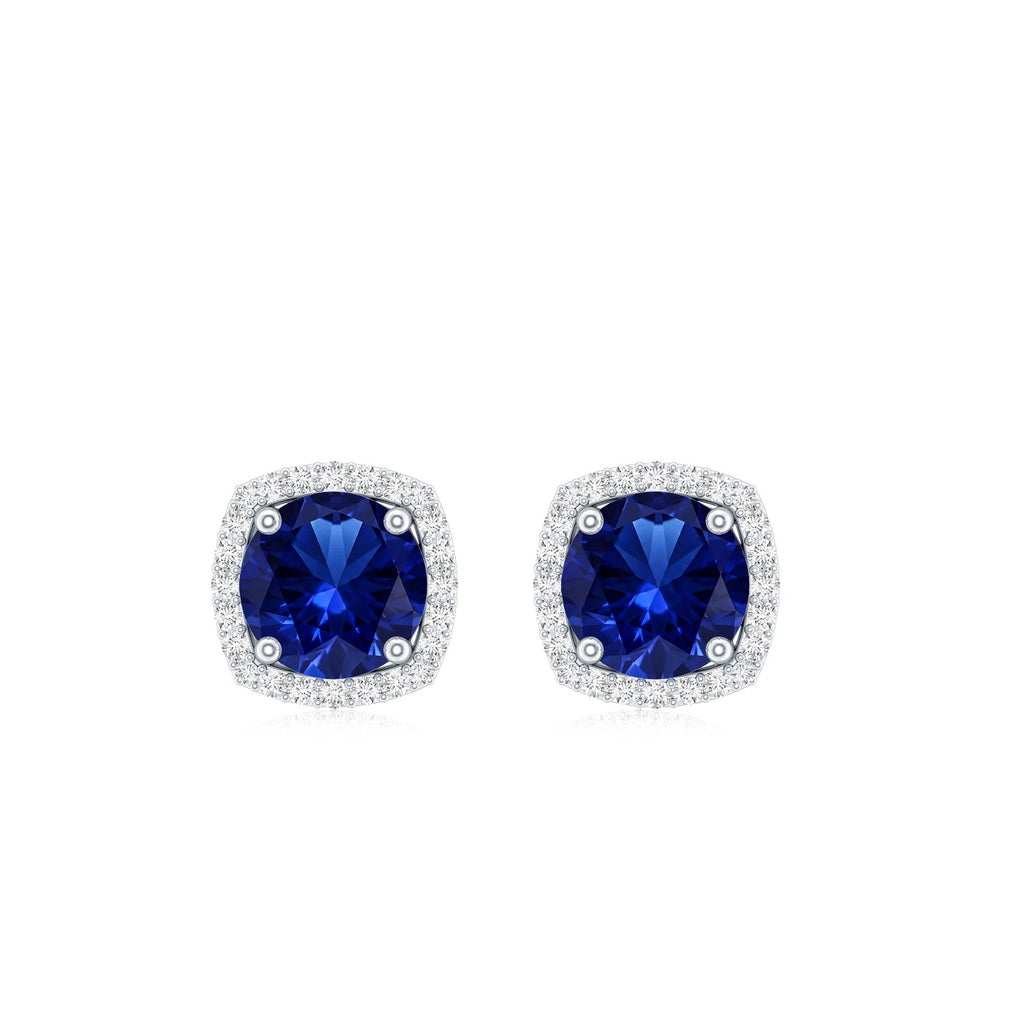 Certified Lab Grown Blue Sapphire and Diamond Halo Stud Earrings