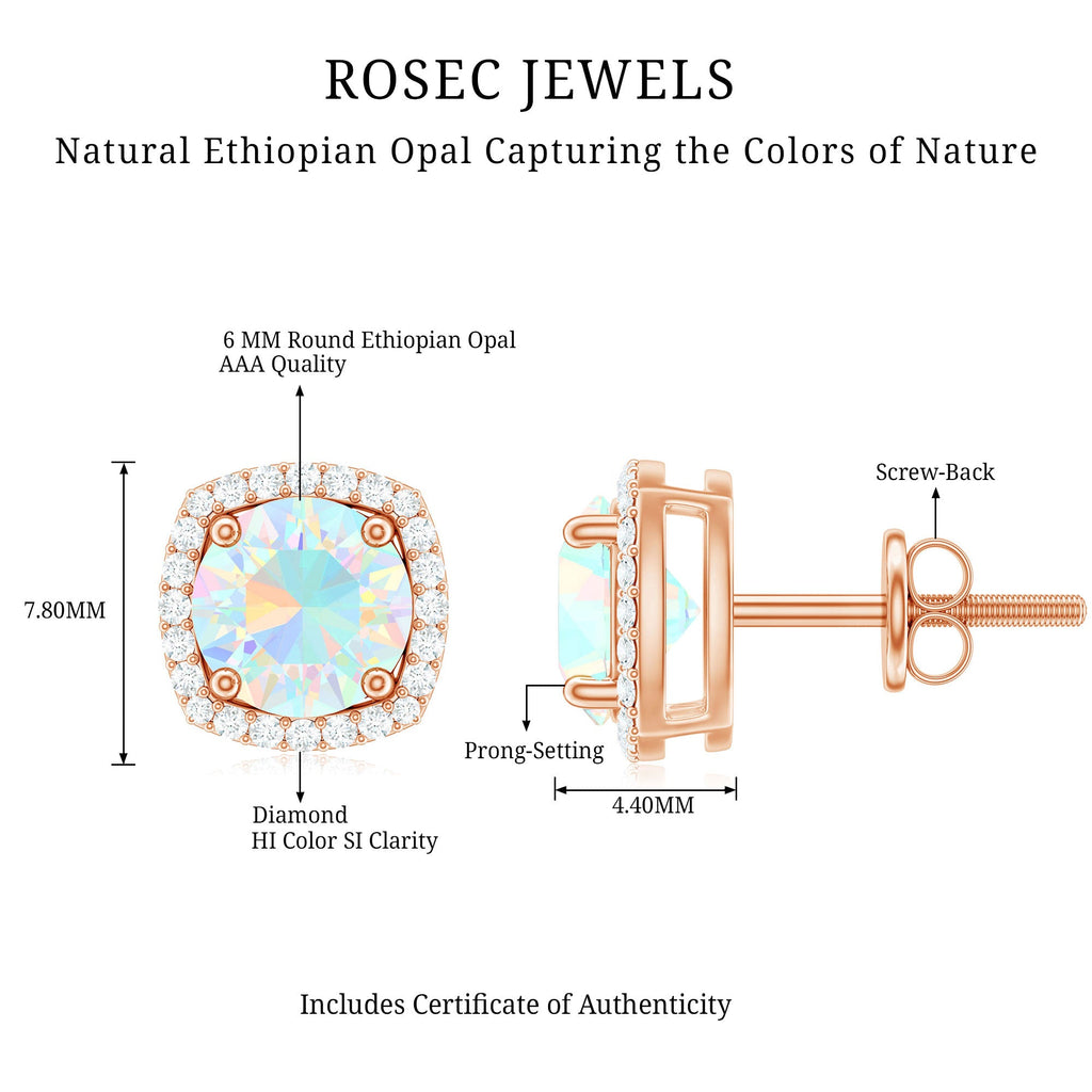 Real 1.6 Carat Ethiopian Opal and Diamond Halo Stud Earrings