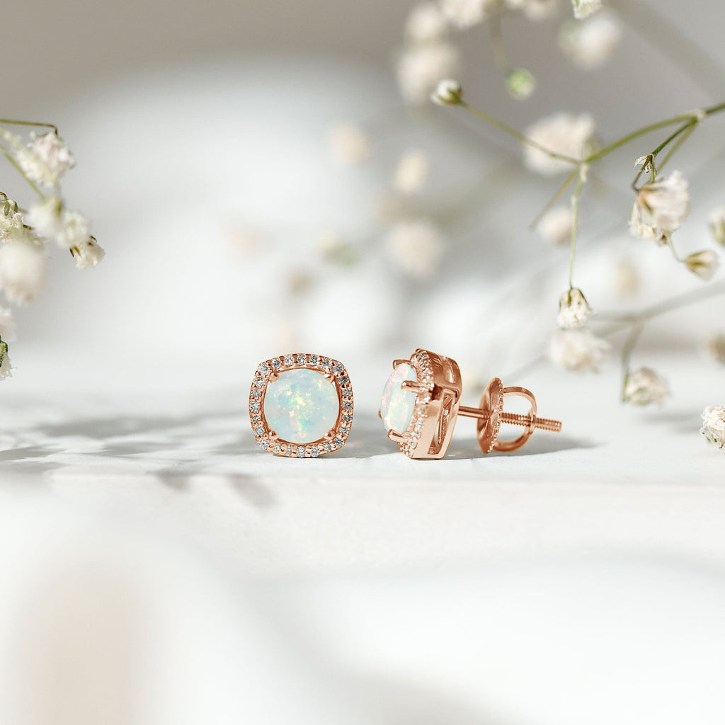 Real 1.6 Carat Ethiopian Opal and Diamond Halo Stud Earrings