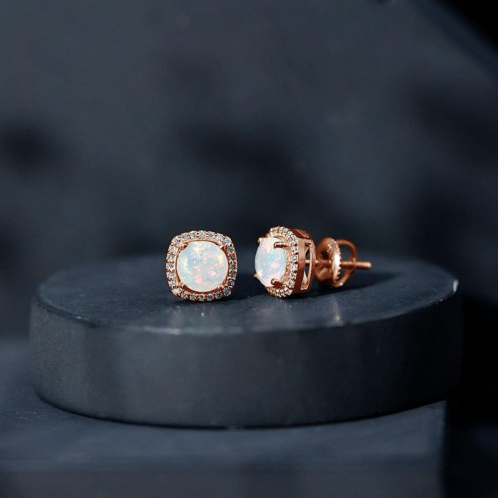 Real 1.6 Carat Ethiopian Opal and Diamond Halo Stud Earrings