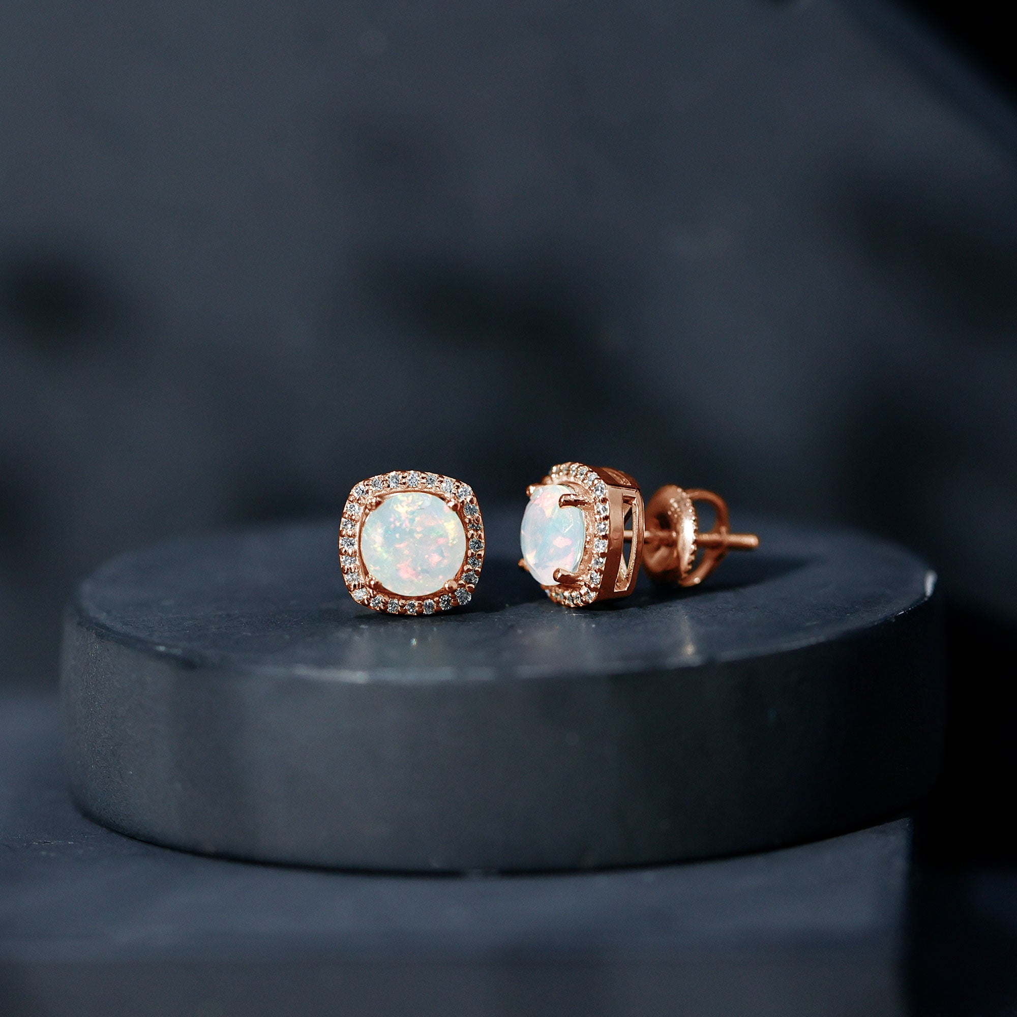 Real 1.6 Carat Ethiopian Opal and Diamond Halo Stud Earrings