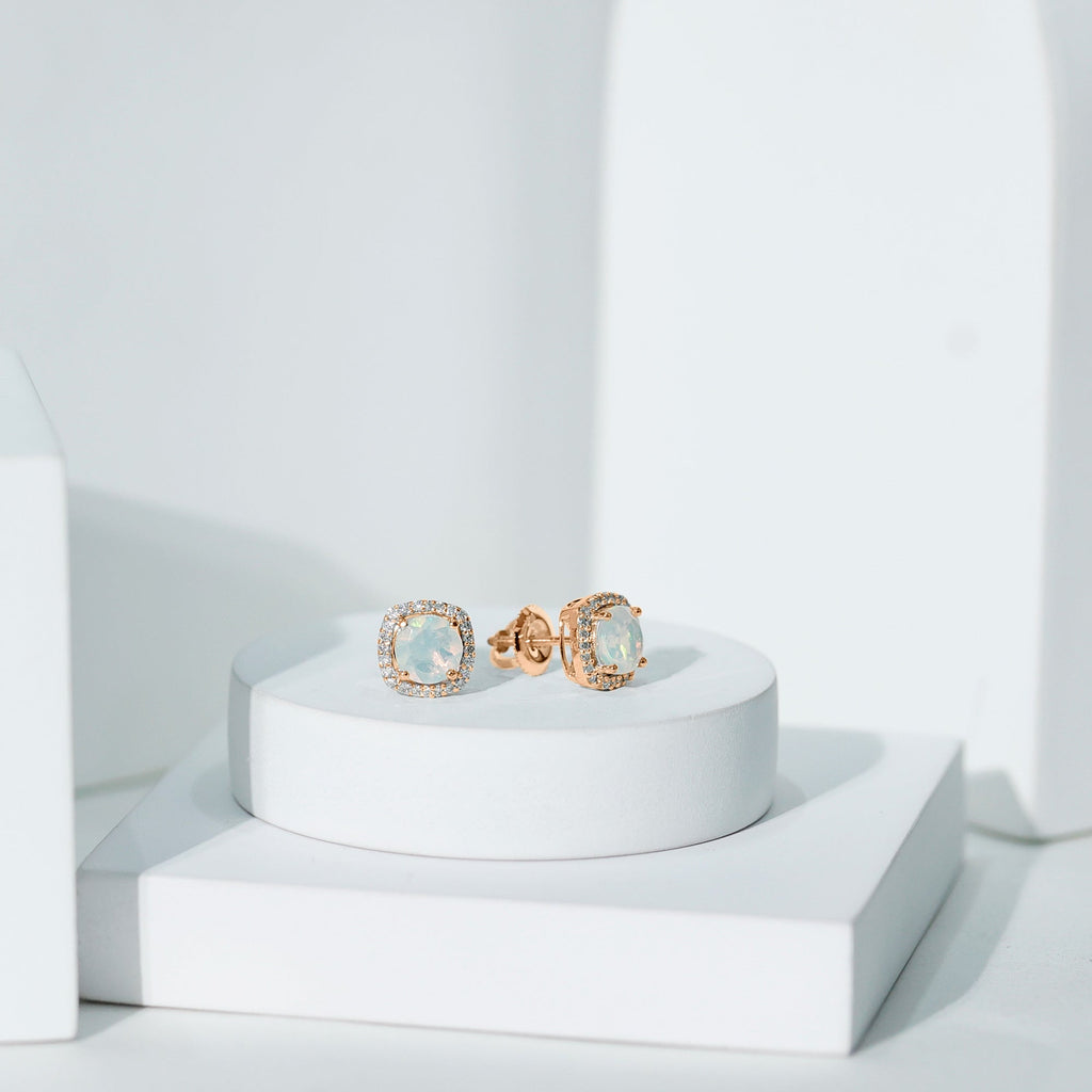 Real 1.6 Carat Ethiopian Opal and Diamond Halo Stud Earrings