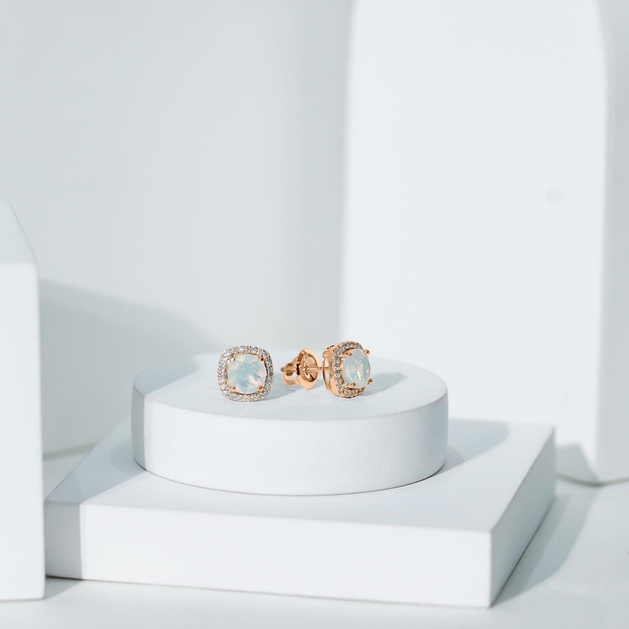 Real 1.6 Carat Ethiopian Opal and Diamond Halo Stud Earrings