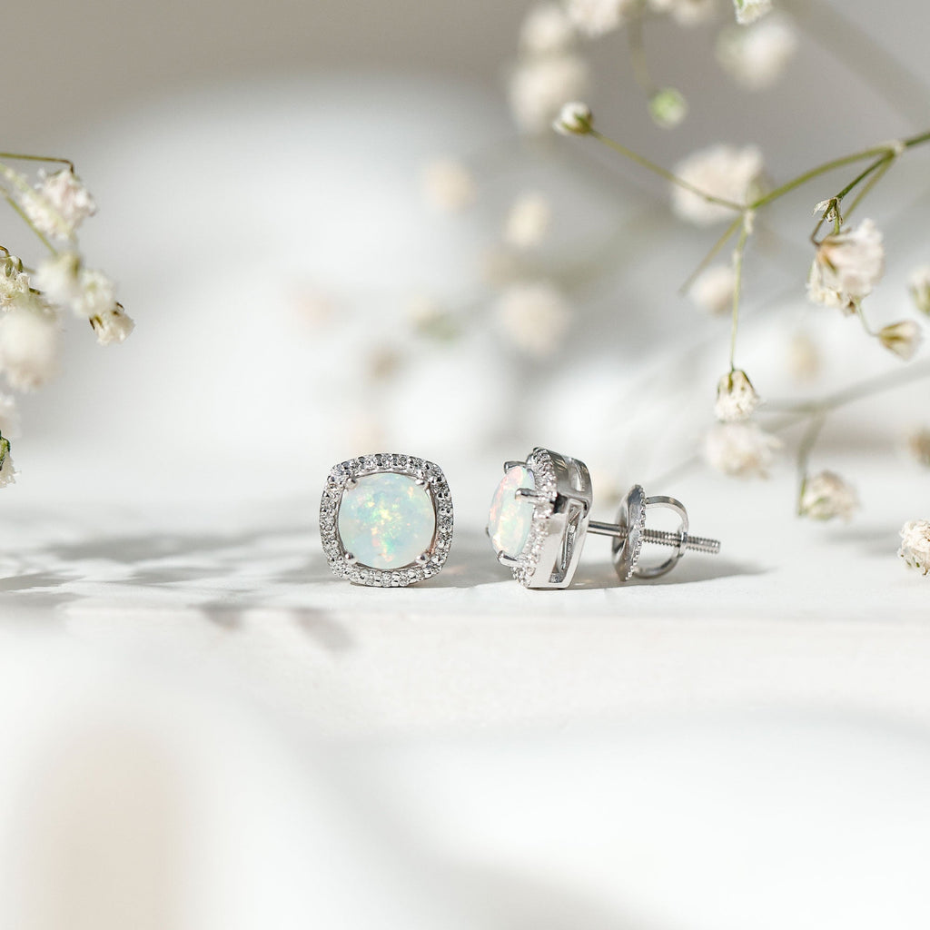 Real 1.6 Carat Ethiopian Opal and Diamond Halo Stud Earrings
