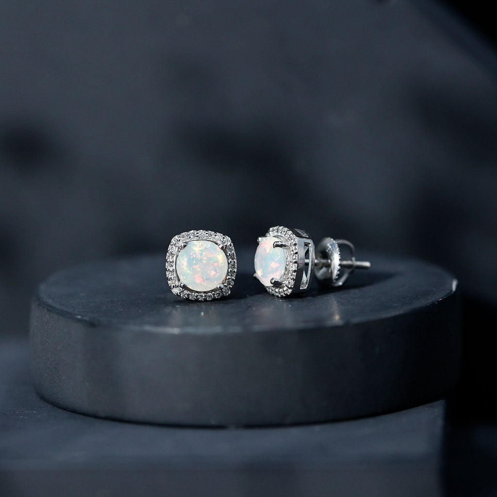 Real 1.6 Carat Ethiopian Opal and Diamond Halo Stud Earrings