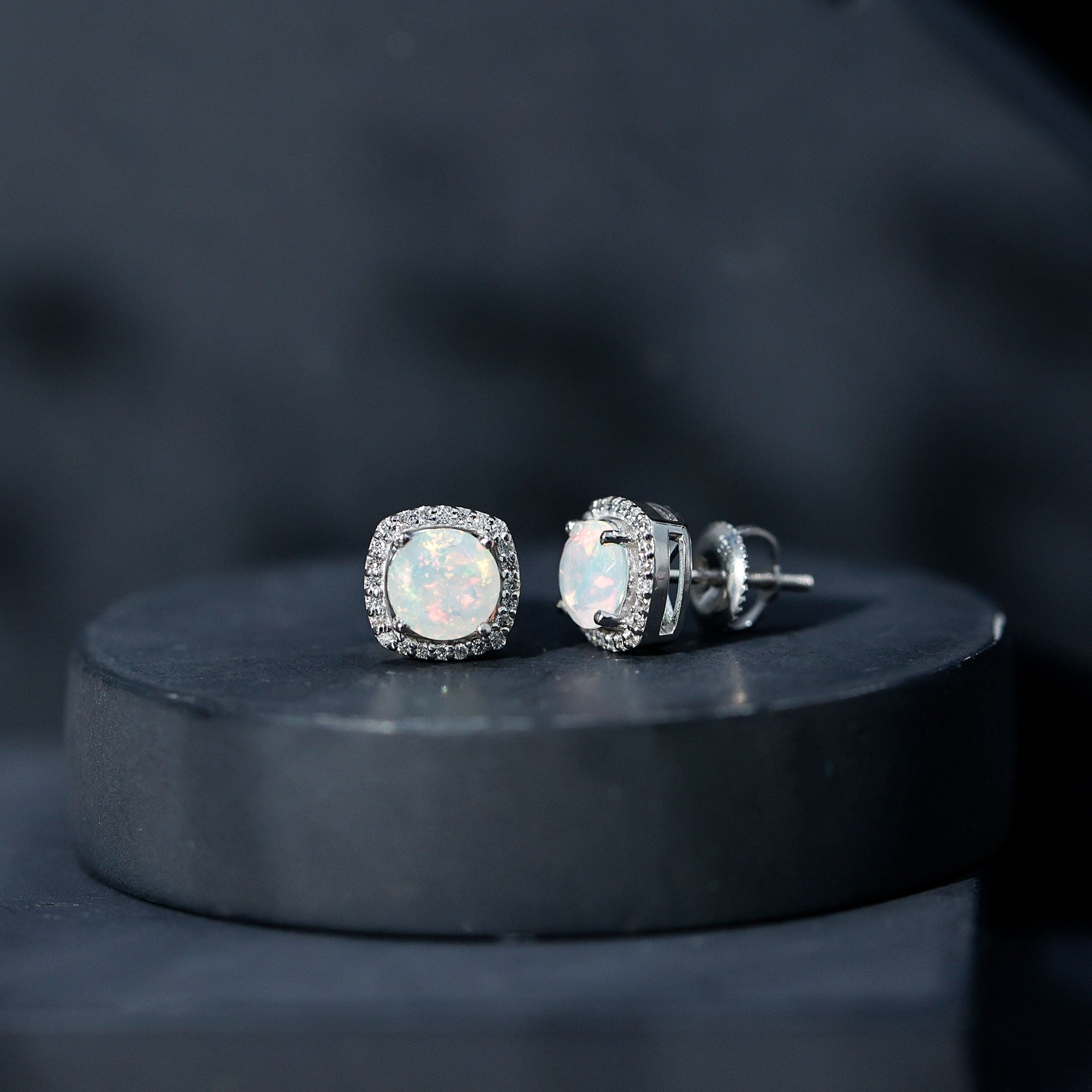 Real 1.6 Carat Ethiopian Opal and Diamond Halo Stud Earrings